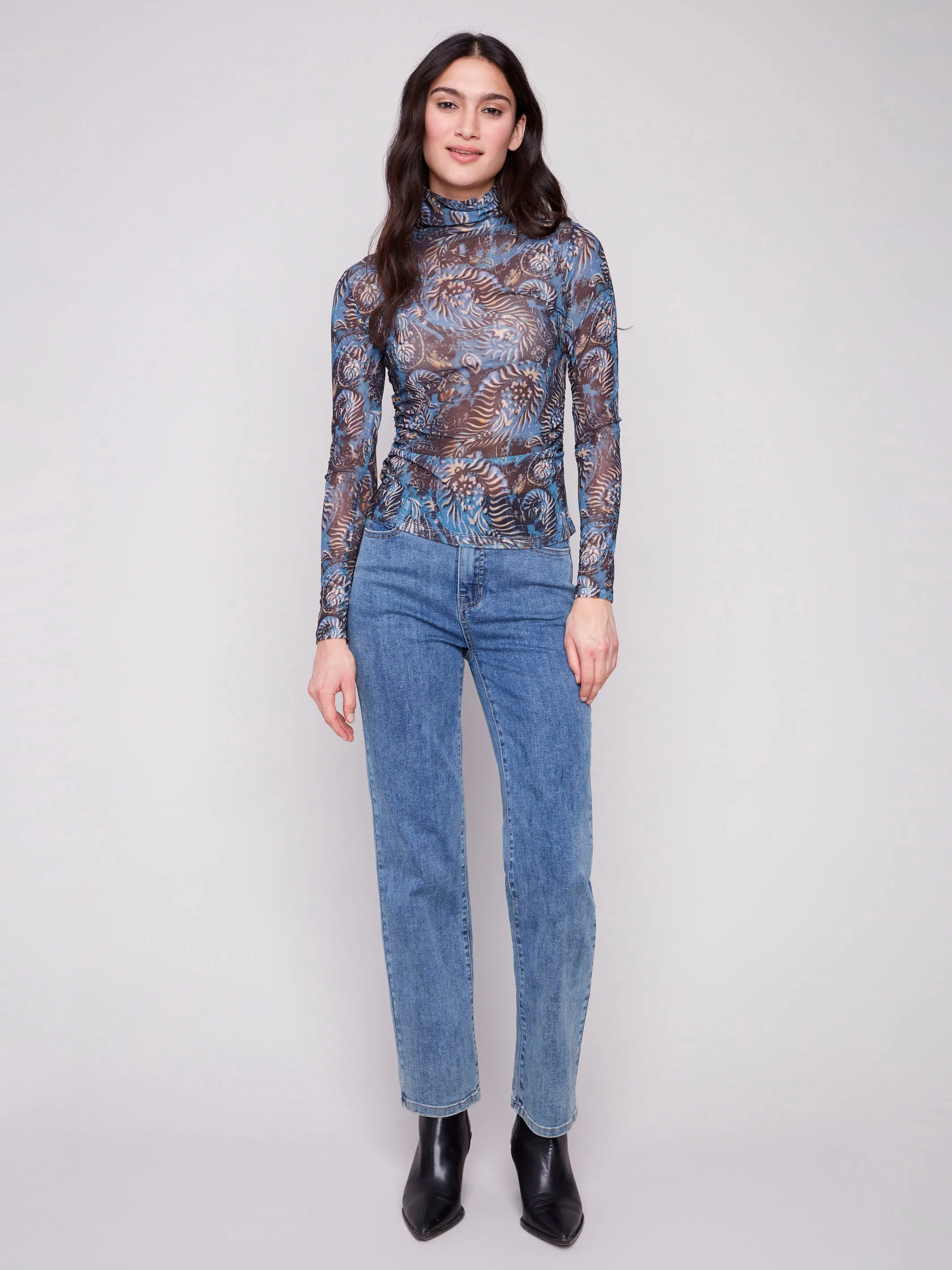 Printed Mock Neck Mesh Top - Midnight sold by Charlie B product image thumbnail 4