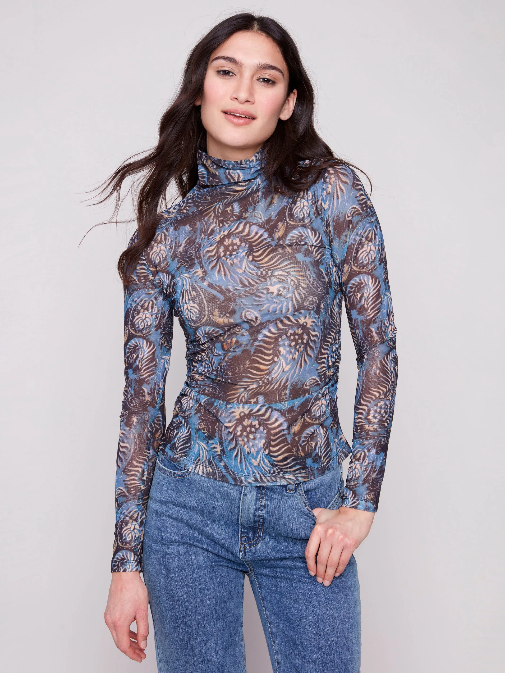 Printed Mock Neck Mesh Top - Midnight sold by Charlie B