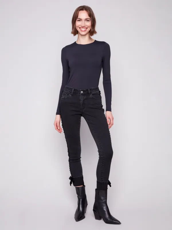 Slim Leg Jeans With Velvet Bow - Charcoal made by Charlie B