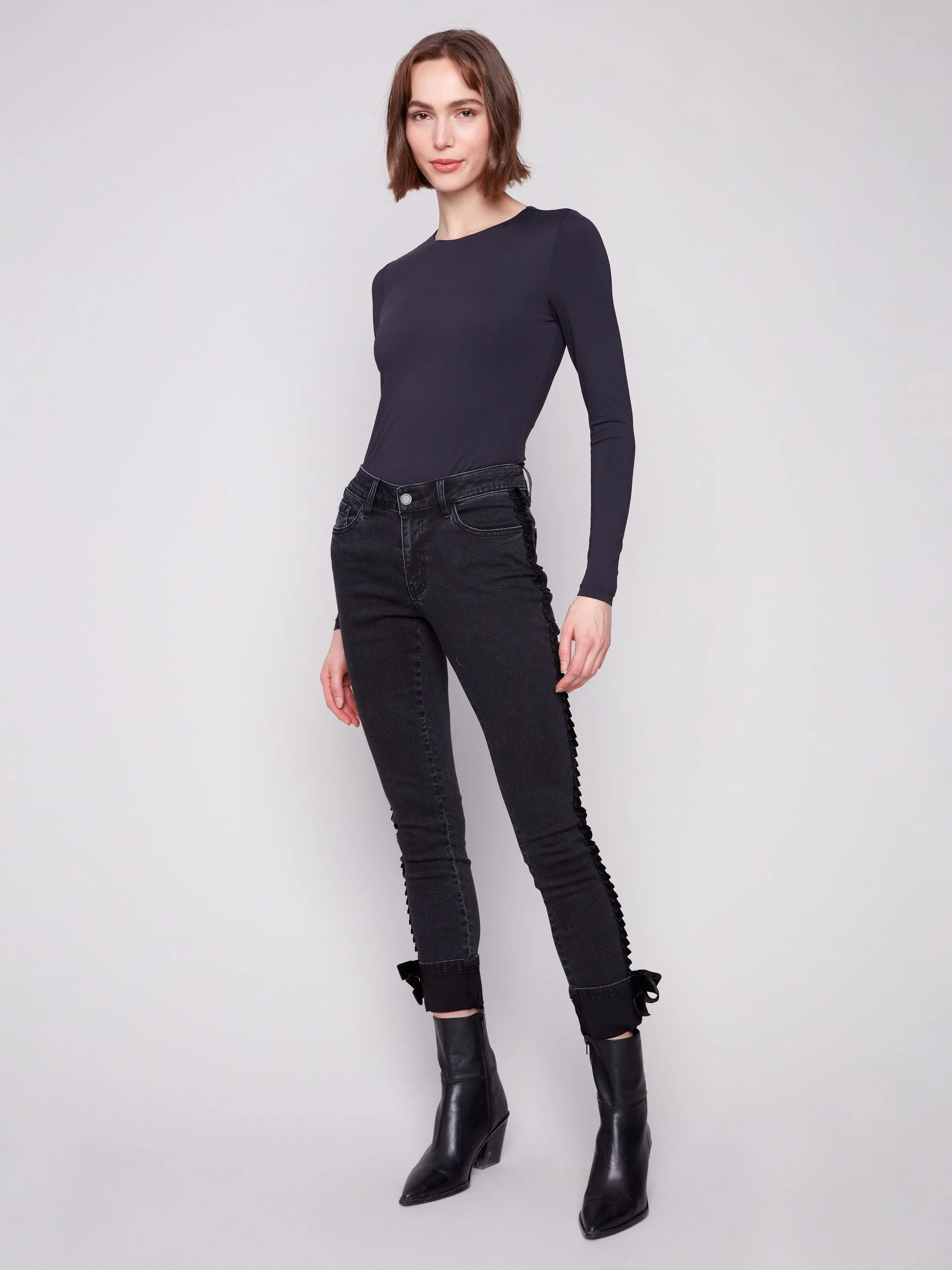 Slim Leg Jeans With Velvet Bow - Charcoal sold by Charlie B product image thumbnail 5