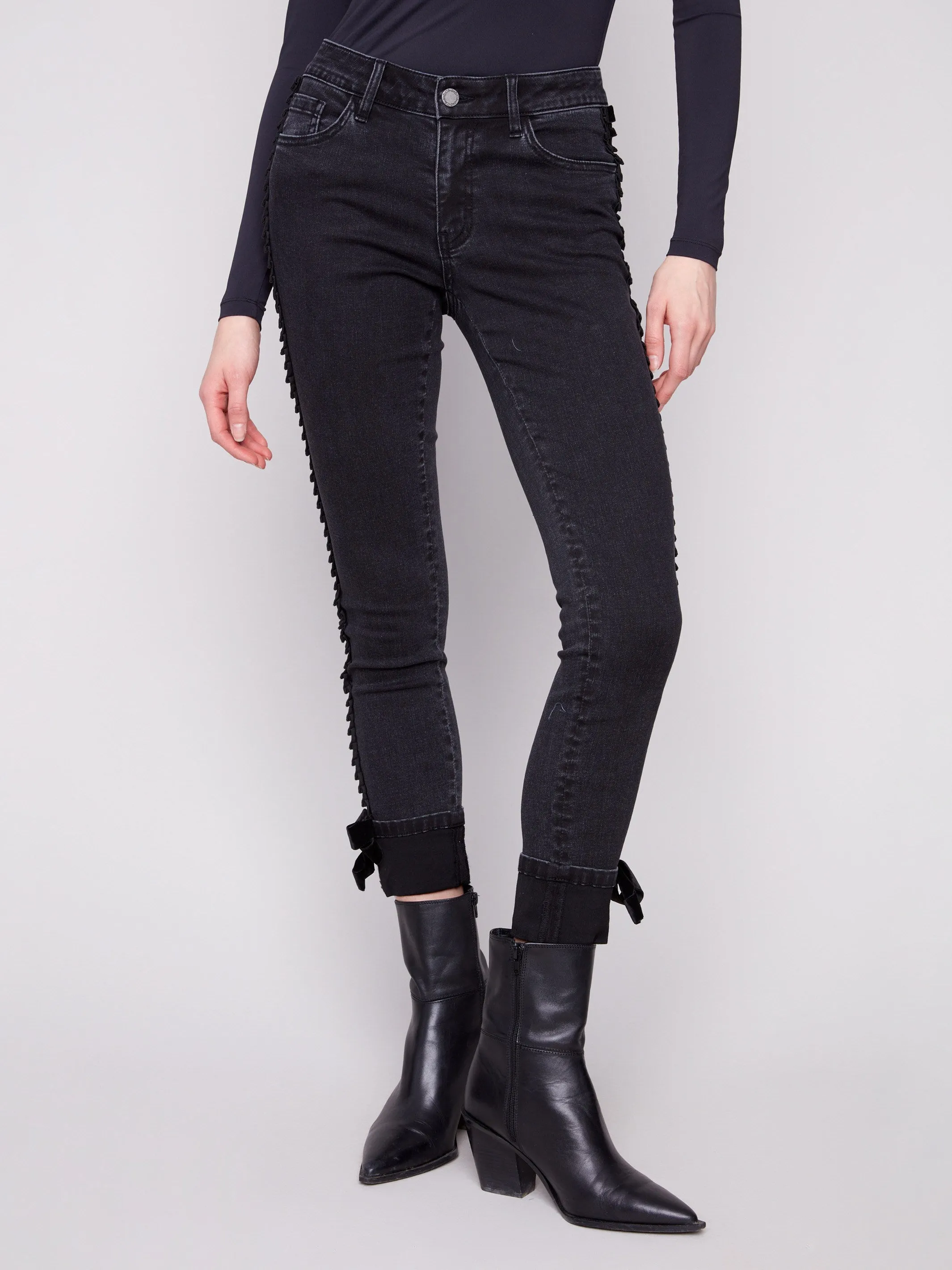 Slim Leg Jeans With Velvet Bow - Charcoal sold by Charlie B product image thumbnail 2
