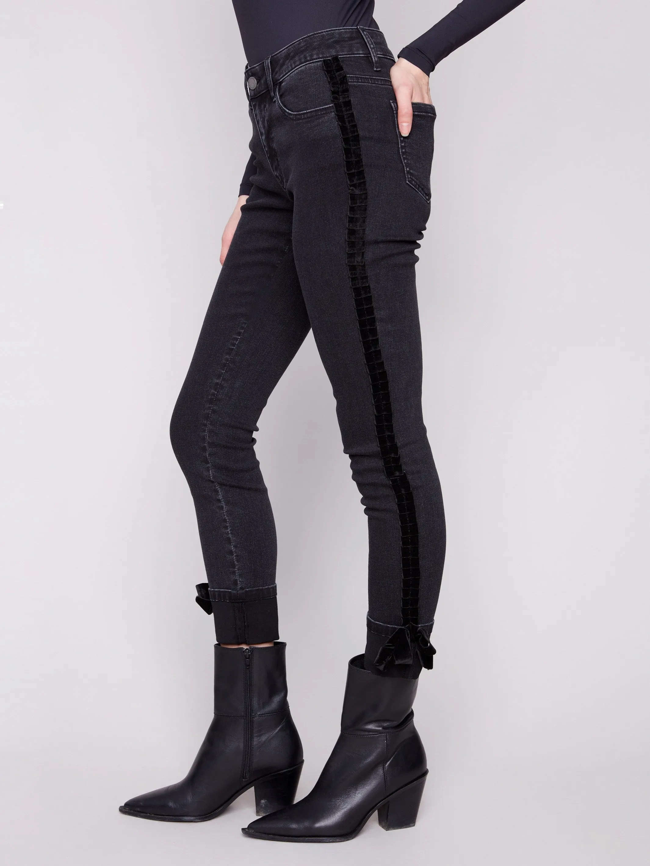 Slim Leg Jeans With Velvet Bow - Charcoal sold by Charlie B product image thumbnail 3