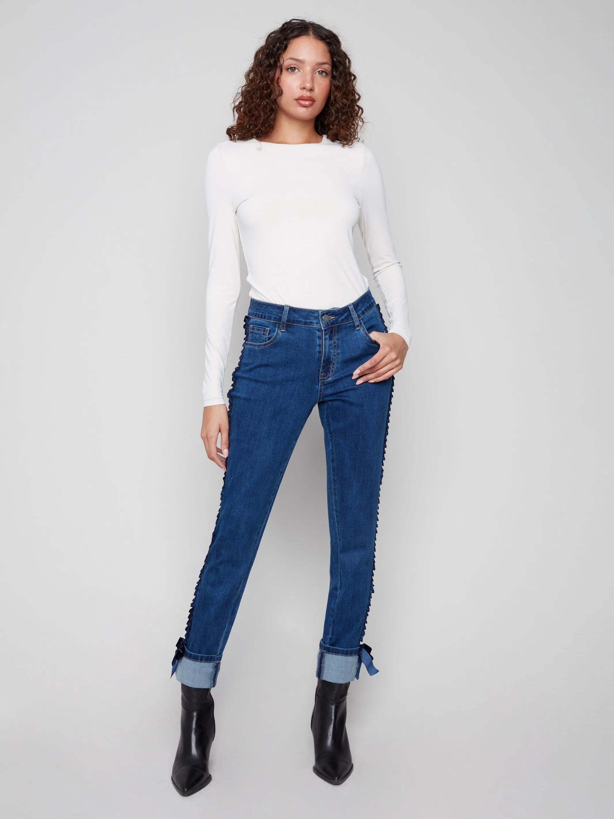Slim Leg Jeans With Velvet Bow - Indigo sold by Charlie B