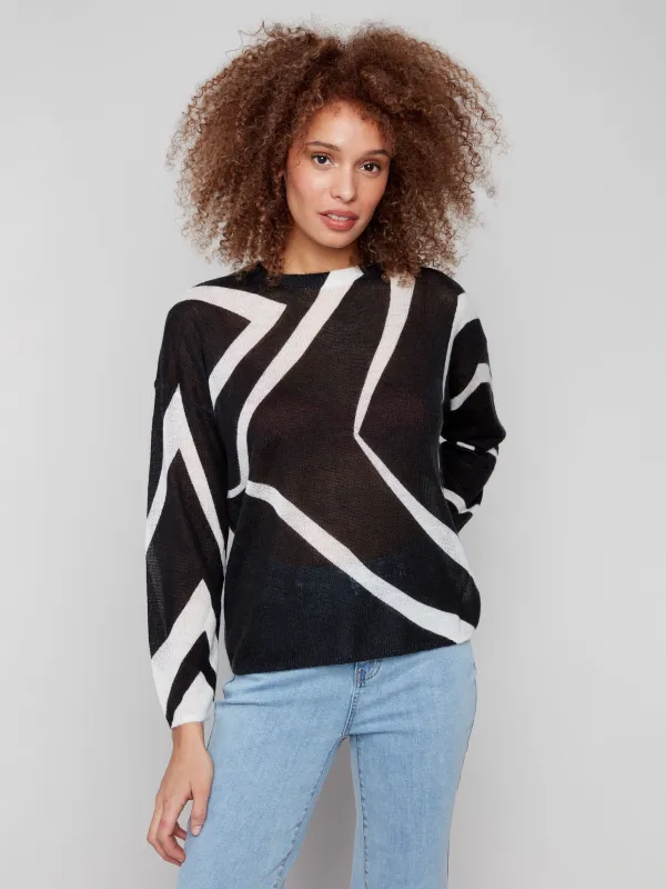 Printed Lightweight Mohair-Effect Knit Sweater - Black & Ecru sold by Charlie B