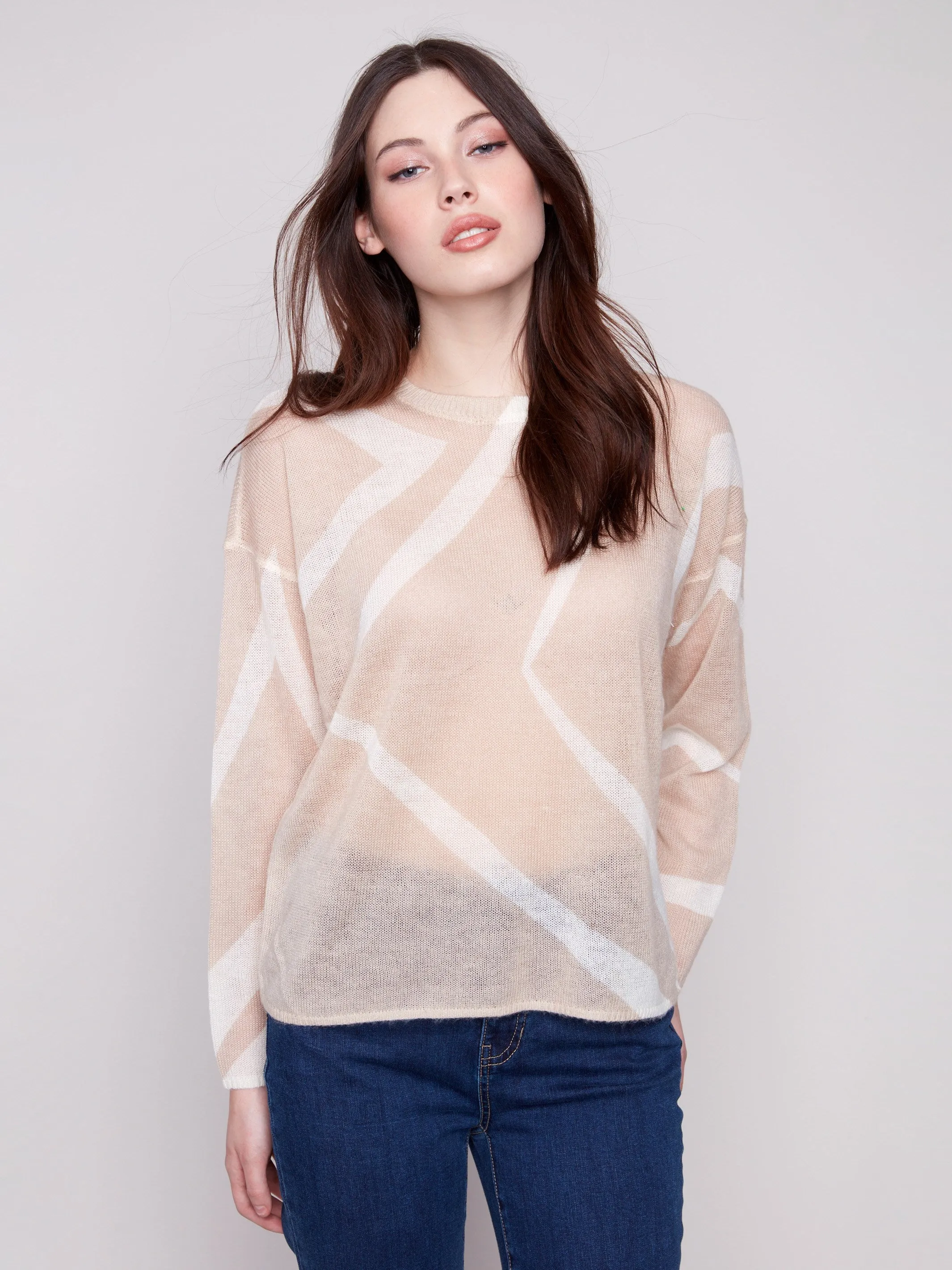 Printed Lightweight Mohair-Effect Knit Sweater - Sesame & Ecru sold by Charlie B product image thumbnail 4