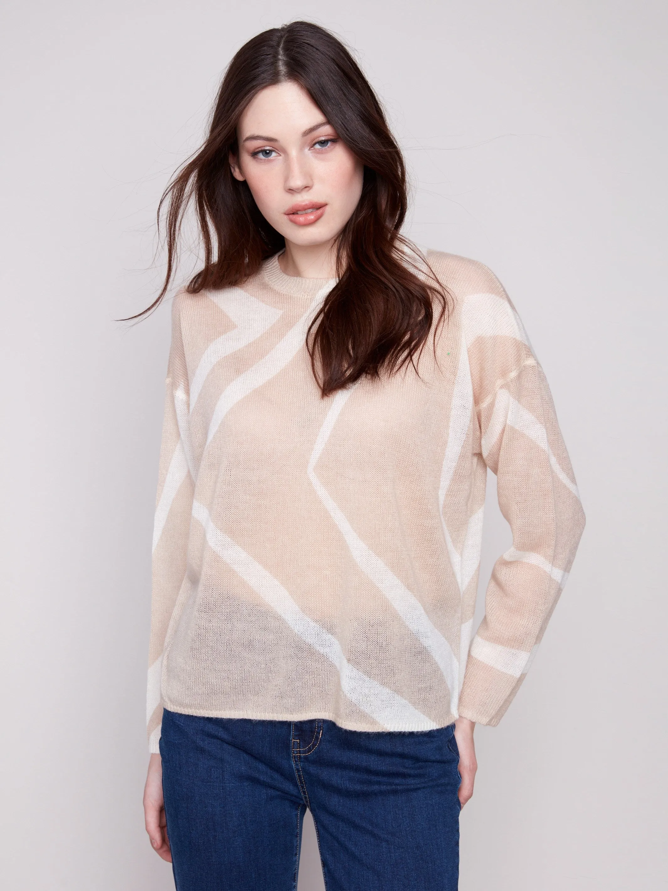 Printed Lightweight Mohair-Effect Knit Sweater - Sesame & Ecru sold by Charlie B