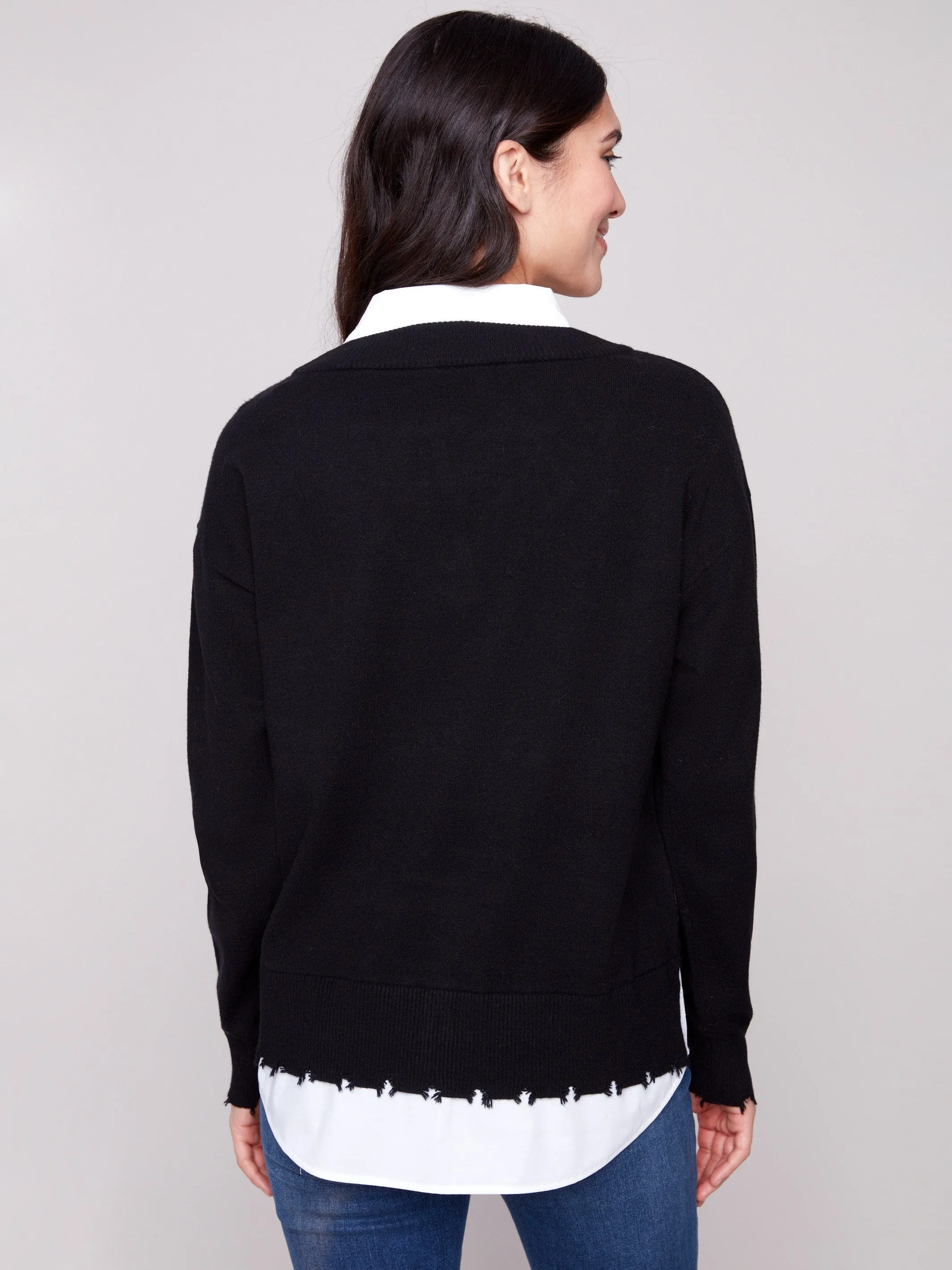 V-Neck Fooler Sweater With Shirt Collar - Black sold by Charlie B product image thumbnail 3