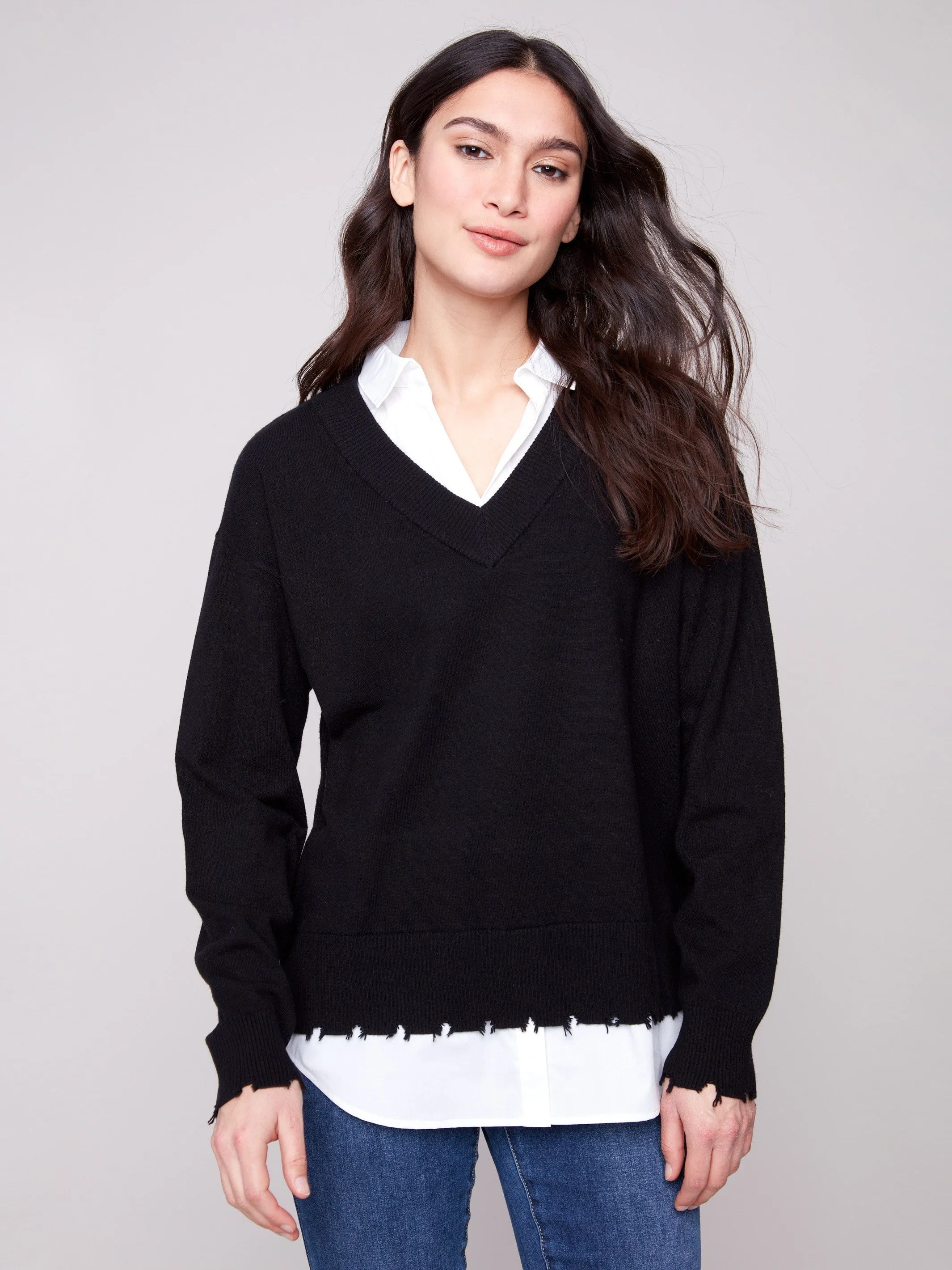 V-Neck Fooler Sweater With Shirt Collar - Black sold by Charlie B product image thumbnail 4
