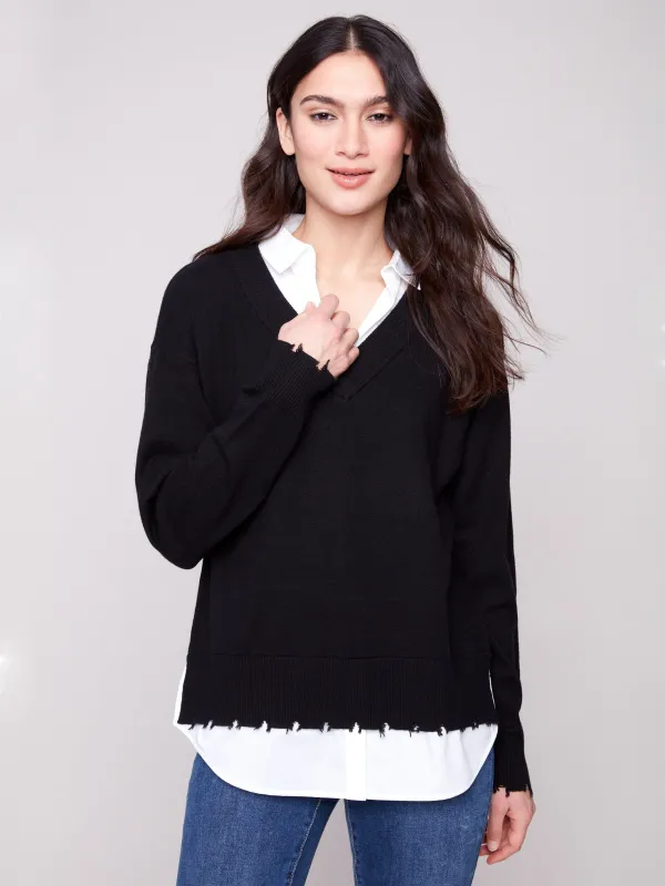 V-Neck Fooler Sweater With Shirt Collar - Black sold by Charlie B