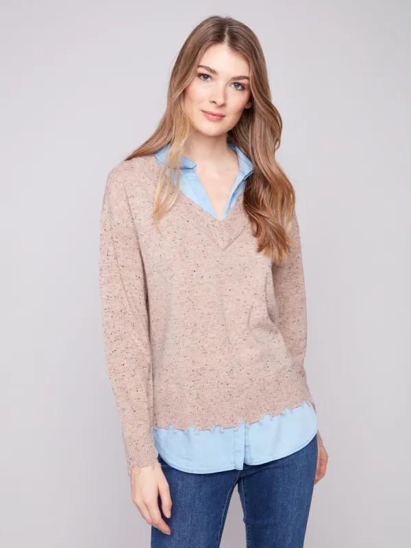 V-Neck Fooler Sweater With Shirt Collar - Oat Flecks sold by Charlie B