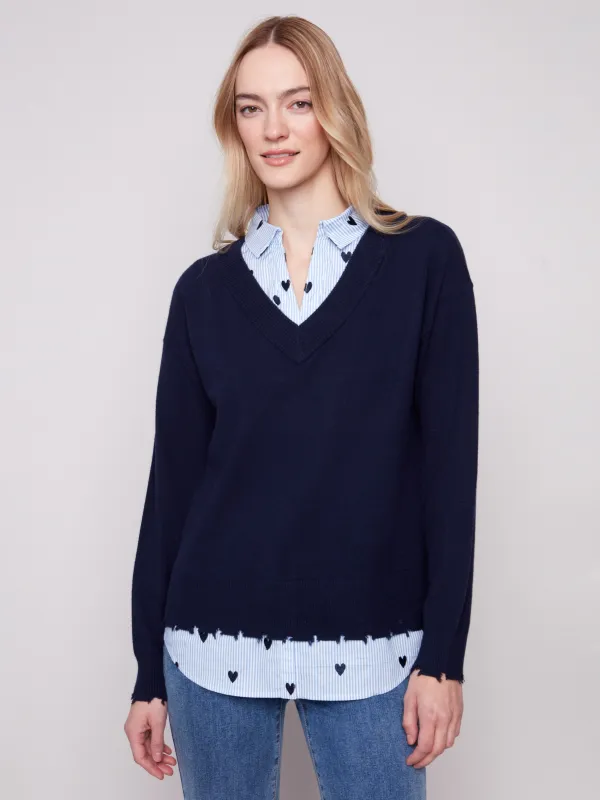 V-Neck Fooler Sweater With Embroidered Shirt Collar - Navy sold by Charlie B