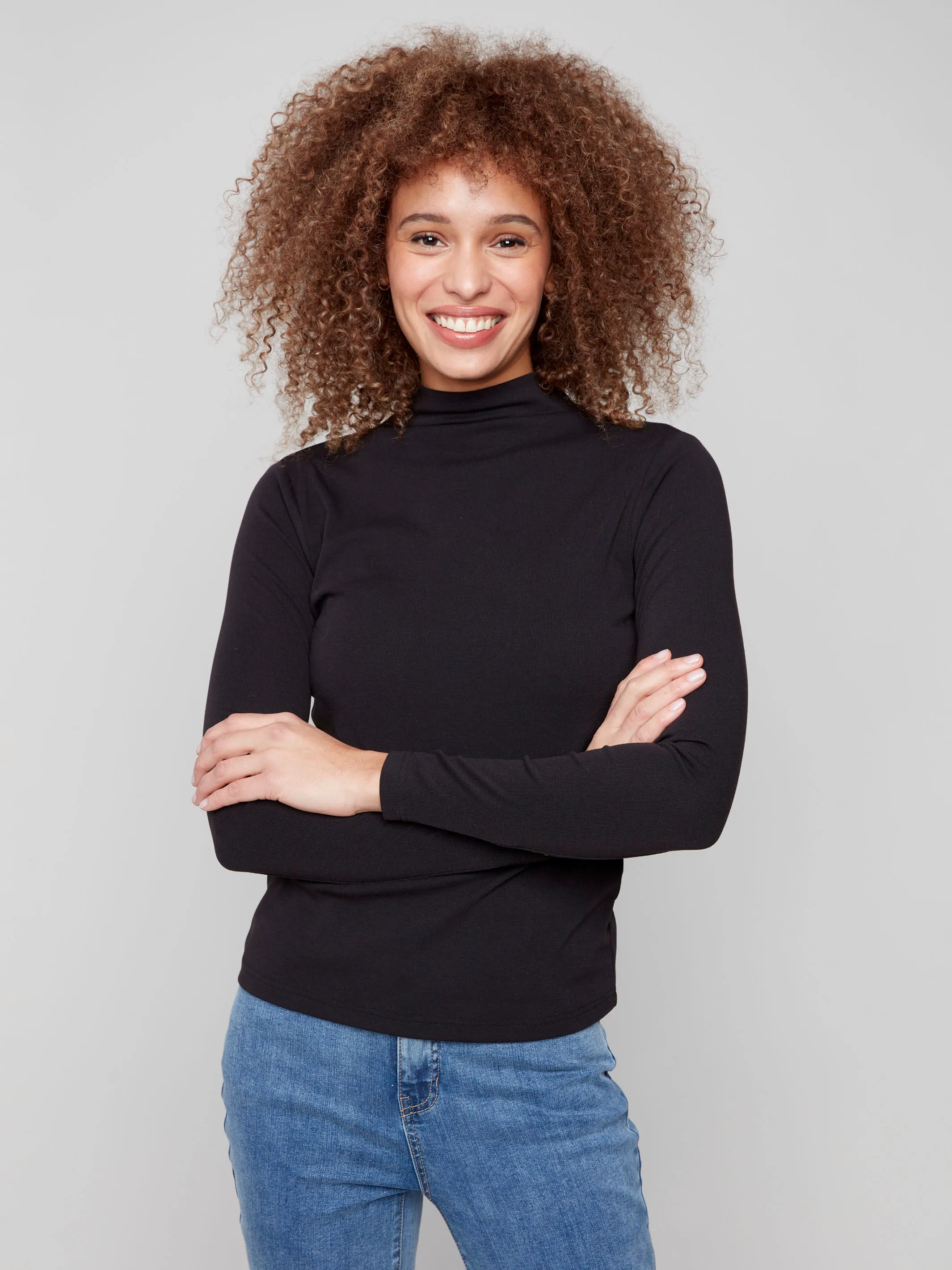Long Sleeve Mock Neck Top - Black sold by Charlie B
