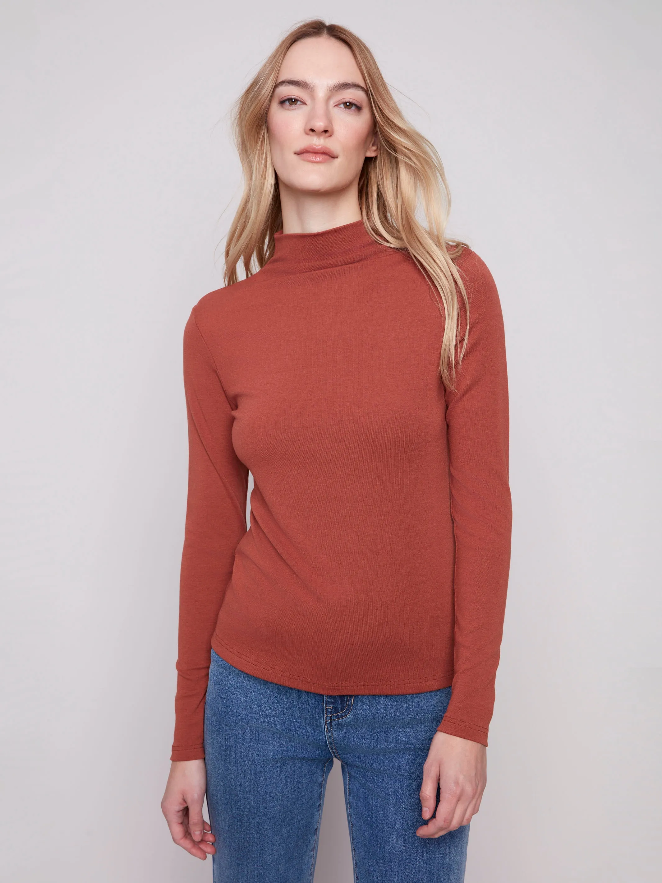 Long Sleeve Mock Neck Top - Sepia sold by Charlie B