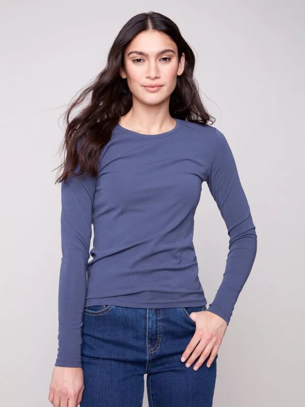 Cotton Blend Long Sleeve Crew Neck Top - Denim sold by Charlie B