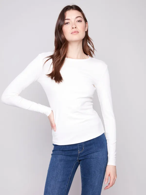 Cotton Blend Long Sleeve Crew Neck Top - Ecru sold by Charlie B