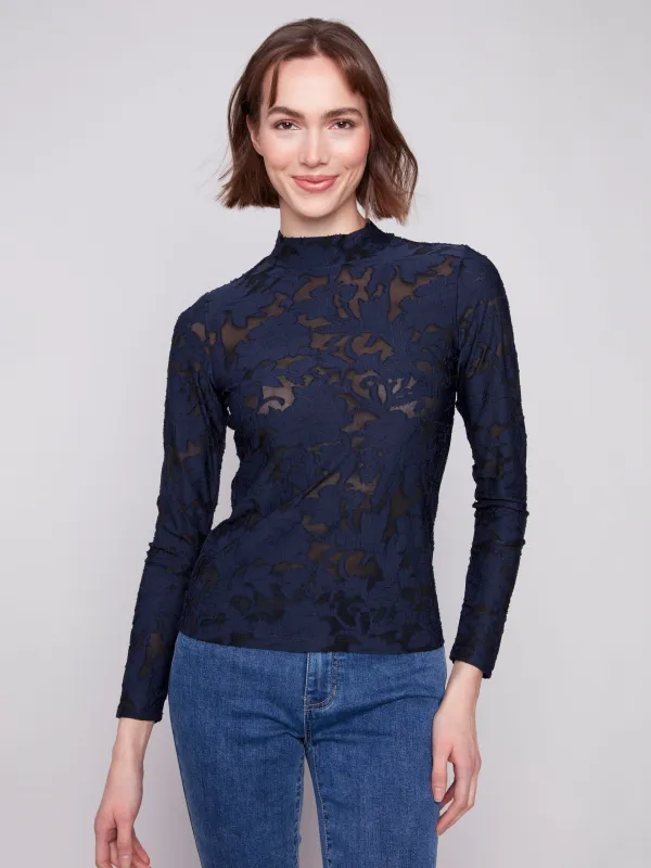 Burnout Mesh Mock Neck Top - Blue Black sold by Charlie B