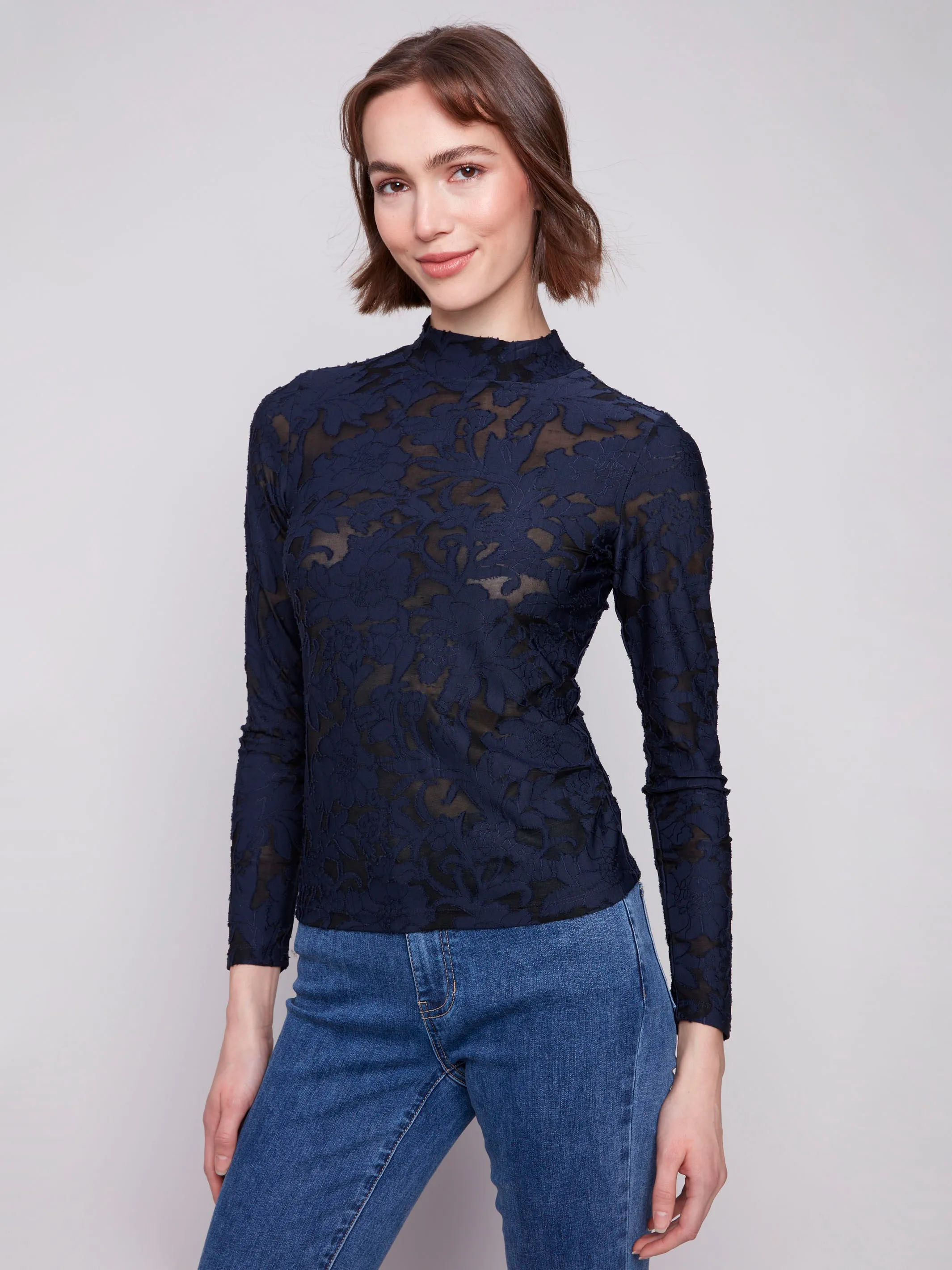 Burnout Mesh Mock Neck Top - Blue Black sold by Charlie B product image thumbnail 3