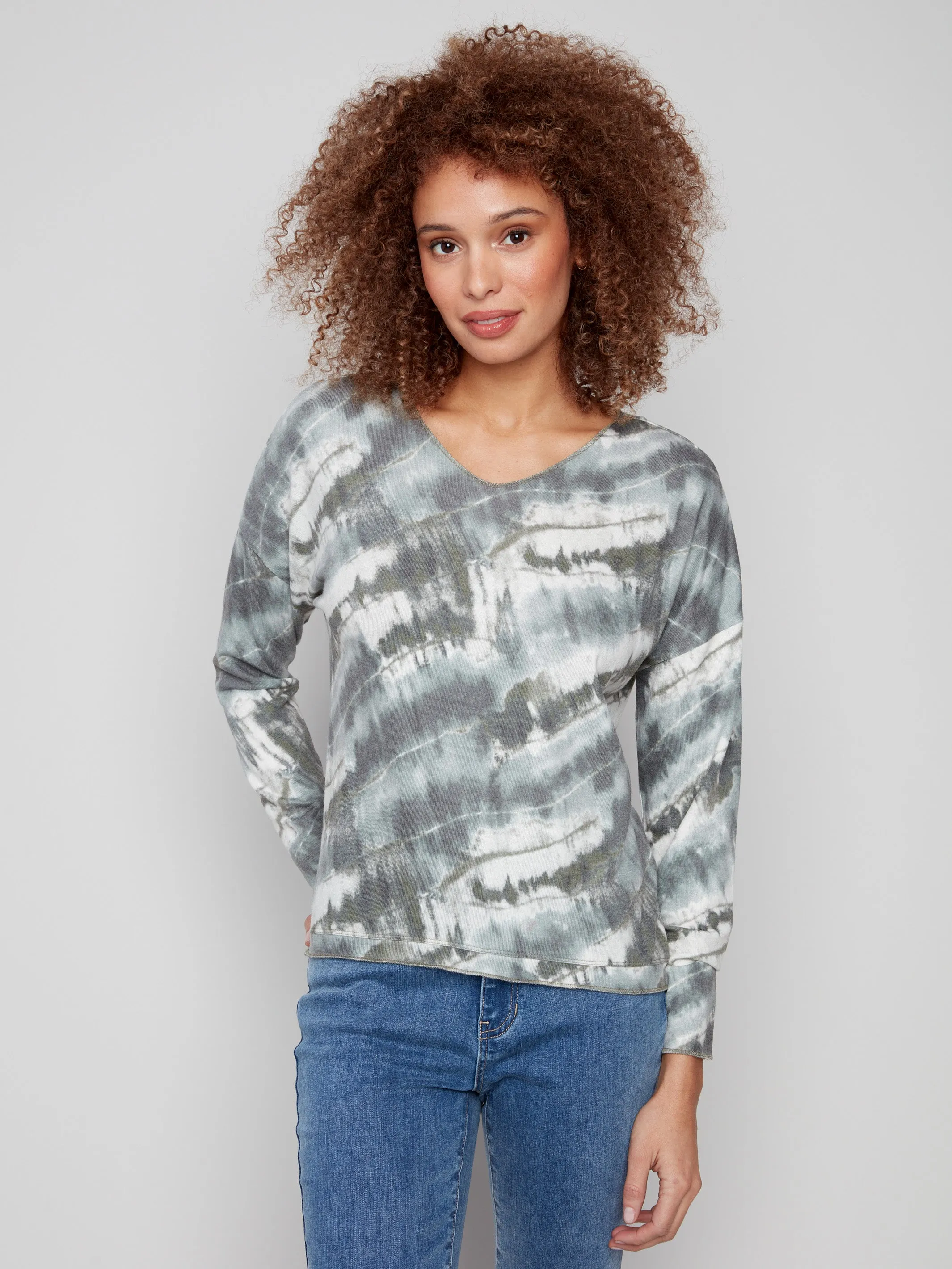 Printed V-neck Knit Top - Dreamy Spruce sold by Charlie B