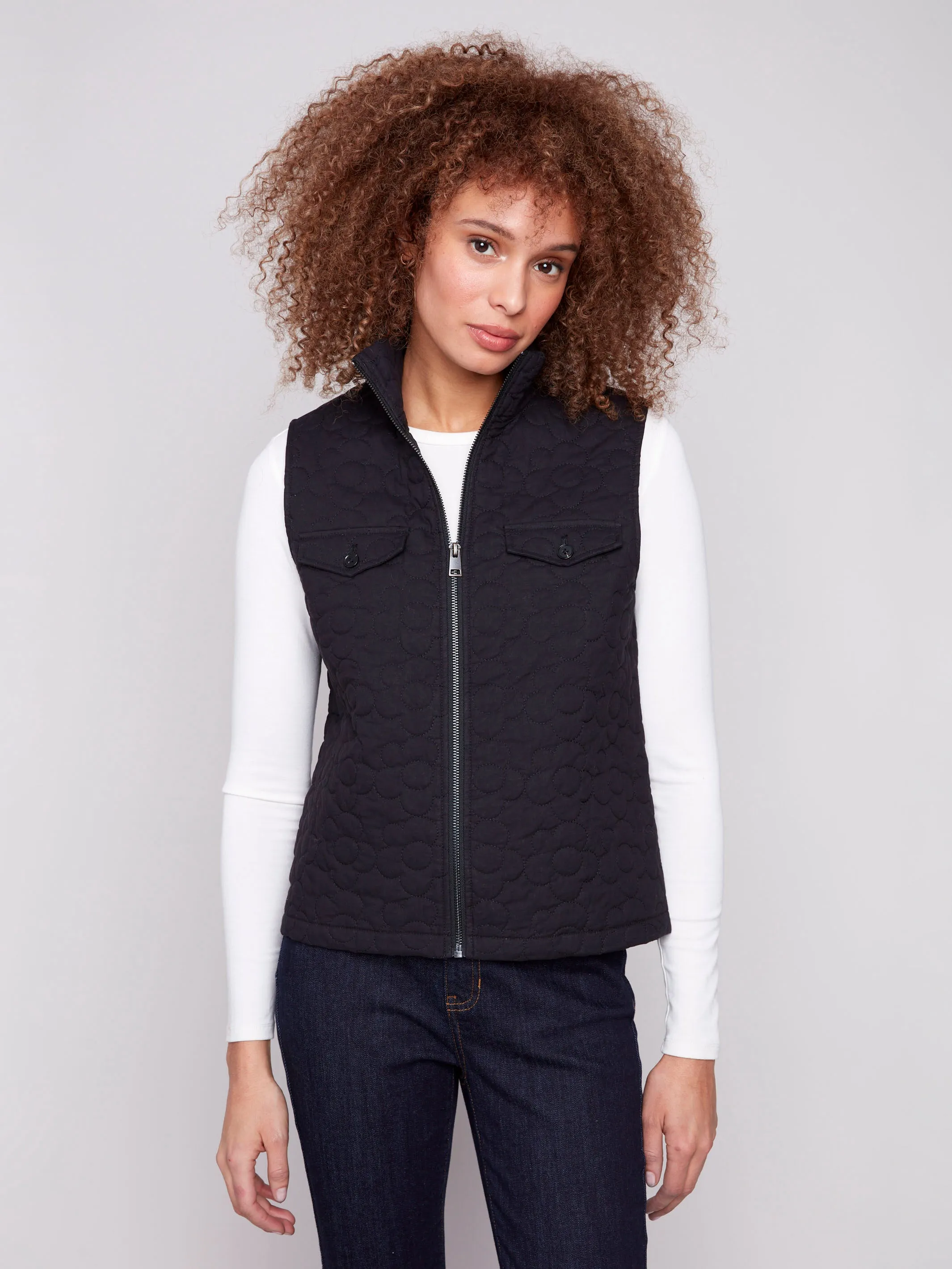 Floral Quilted Short Vest - Black sold by Charlie B