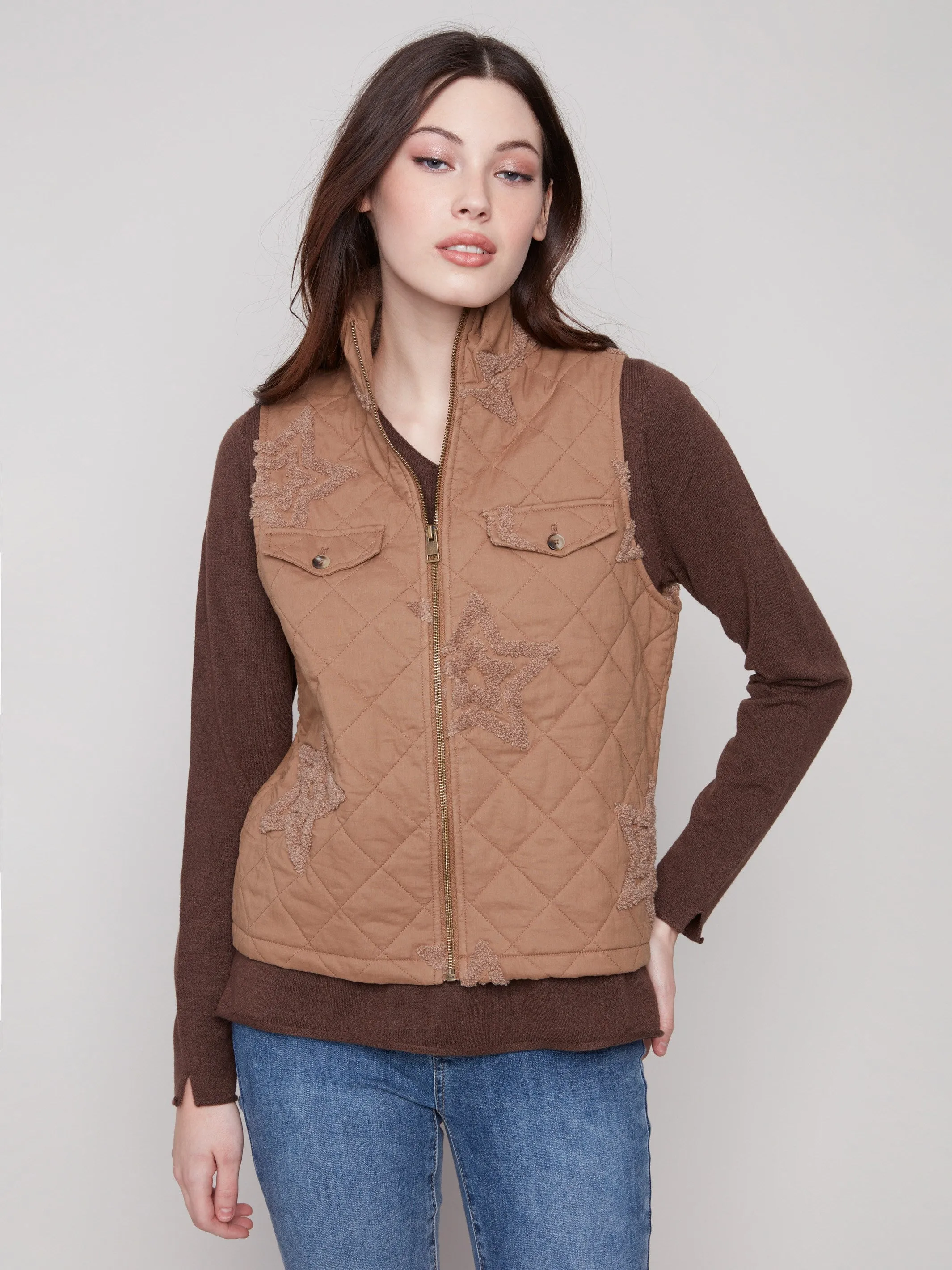Bouclé Quilted Short Vest - Khaki sold by Charlie B
