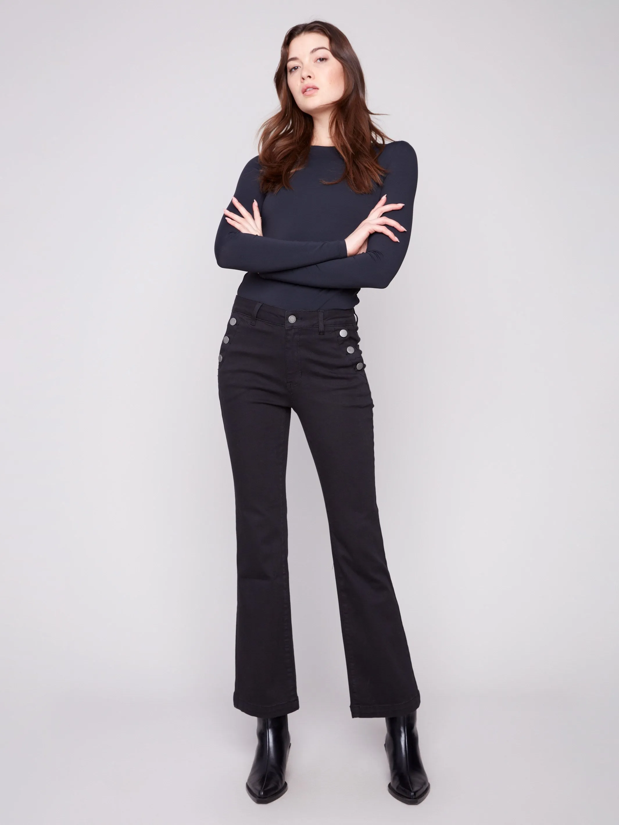 Flare Leg Stretch Twill Pants With Buttons - Black sold by Charlie B product image thumbnail 5