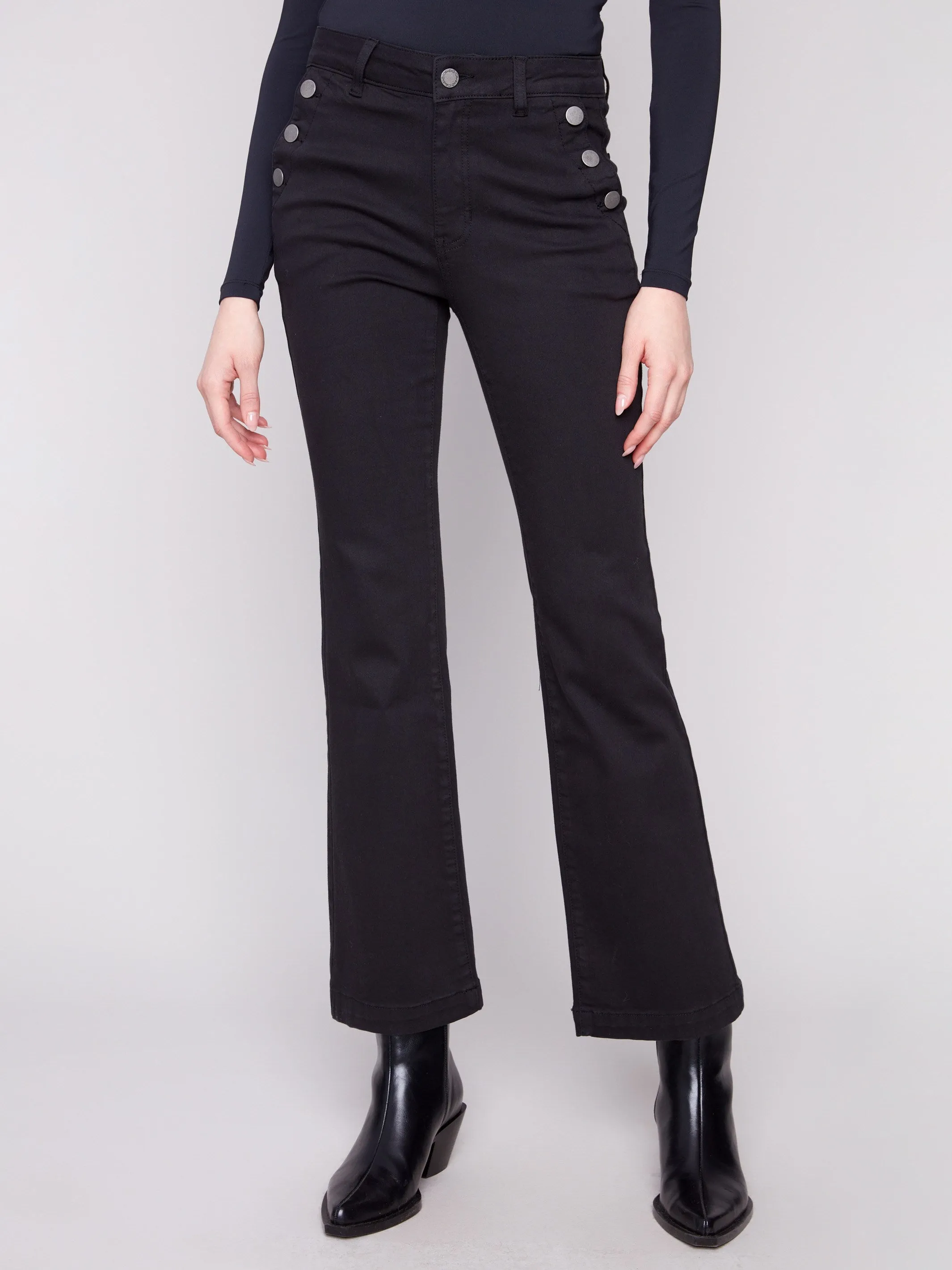Flare Leg Stretch Twill Pants With Buttons - Black sold by Charlie B product image thumbnail 2