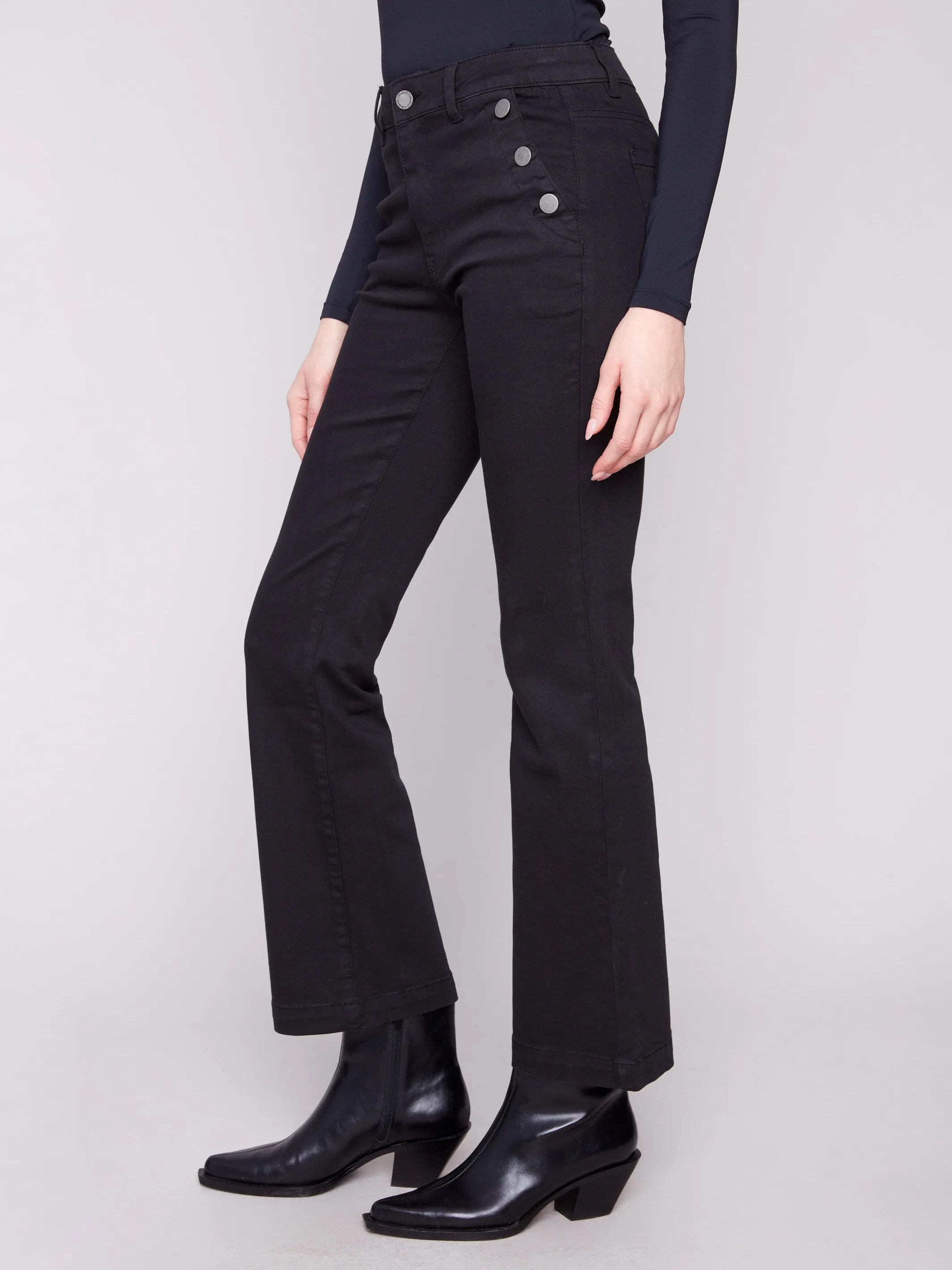 Flare Leg Stretch Twill Pants With Buttons - Black sold by Charlie B product image thumbnail 3