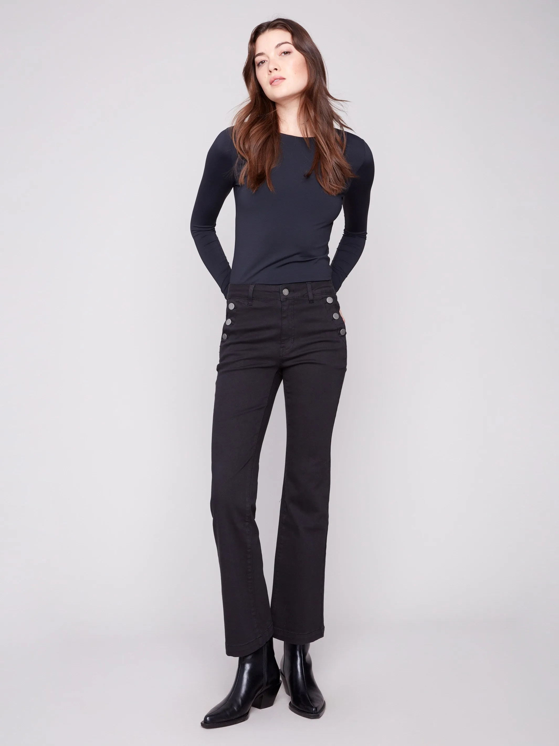 Flare Leg Stretch Twill Pants With Buttons - Black sold by Charlie B