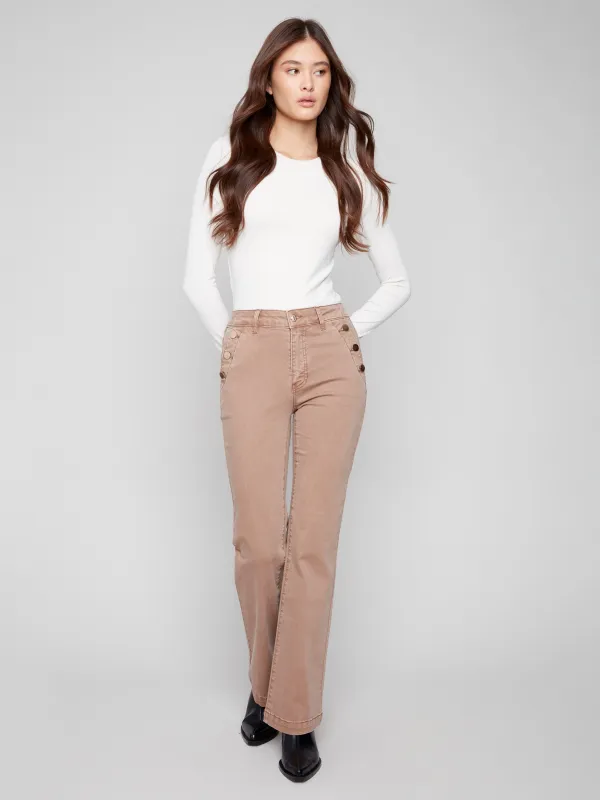 Flare Leg Stretch Twill Pants With Buttons - Truffle sold by Charlie B