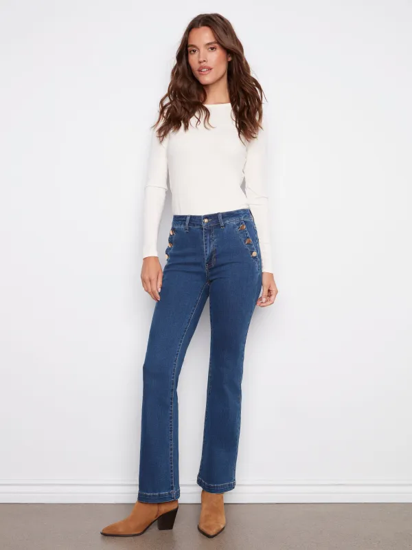 Flare Leg Stretch Jeans With Buttons - Indigo sold by Charlie B