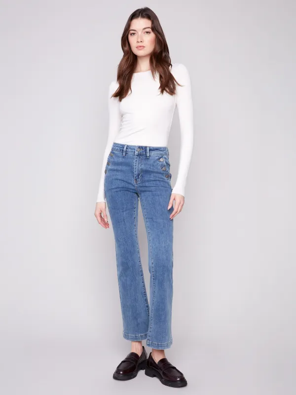 Flare Leg Stretch Jeans With Buttons - Medium Blue sold by Charlie B