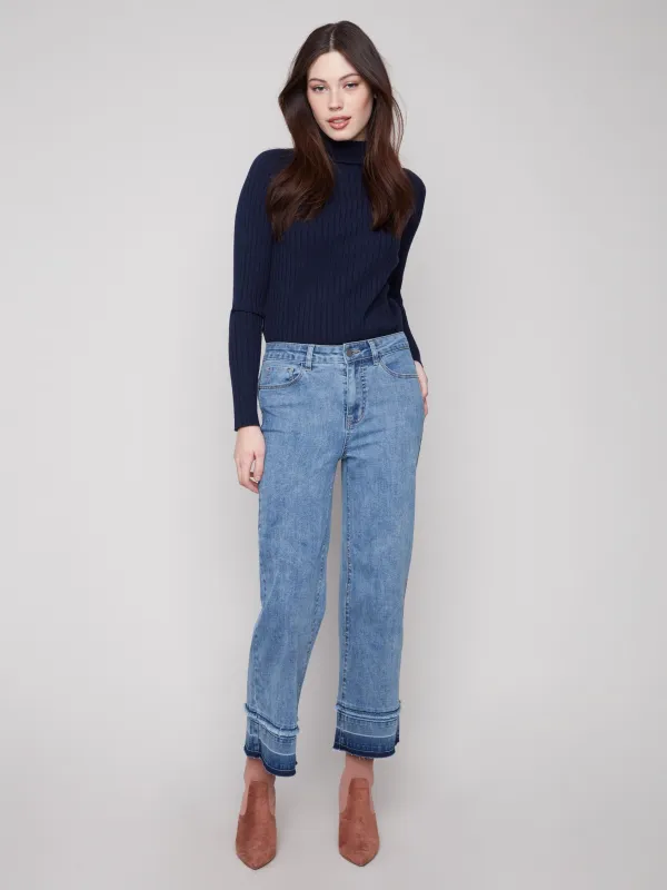 Flare Leg Jeans With Fringed Hem - Medium Blue sold by Charlie B