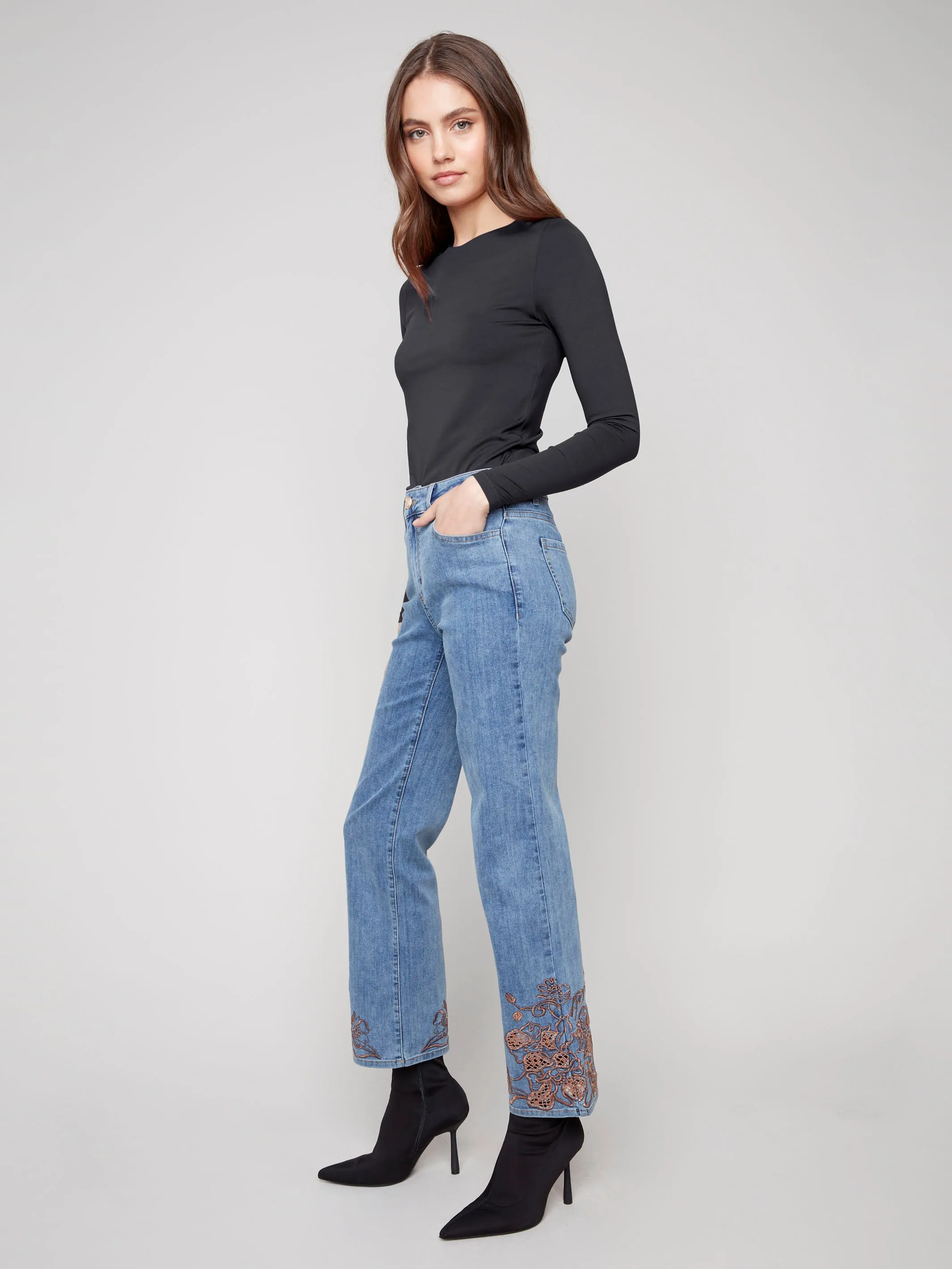 Straight Leg Jeans With Lace Embroidery - Medium Blue sold by Charlie B product image thumbnail 3