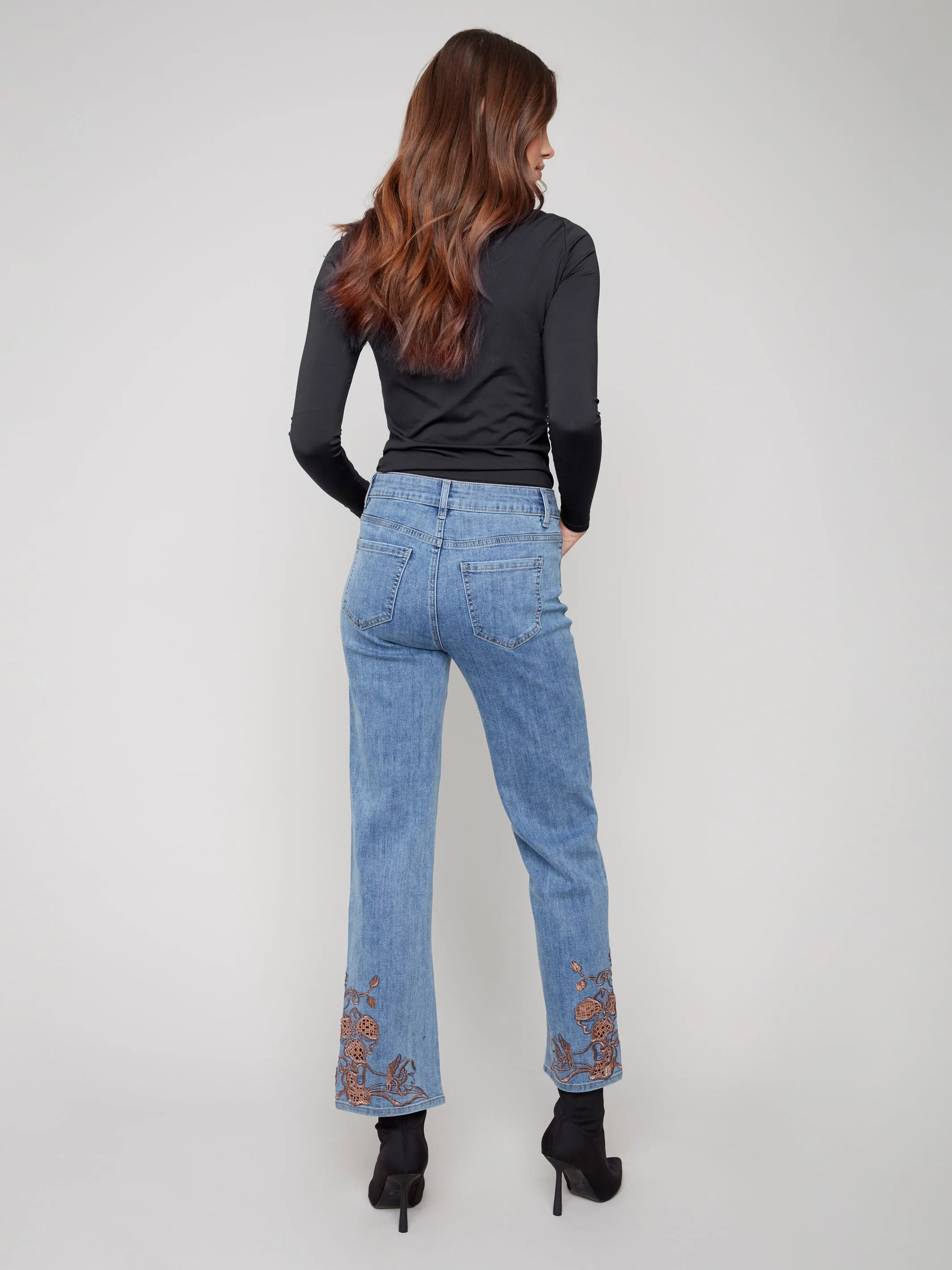 Straight Leg Jeans With Lace Embroidery - Medium Blue sold by Charlie B product image thumbnail 5
