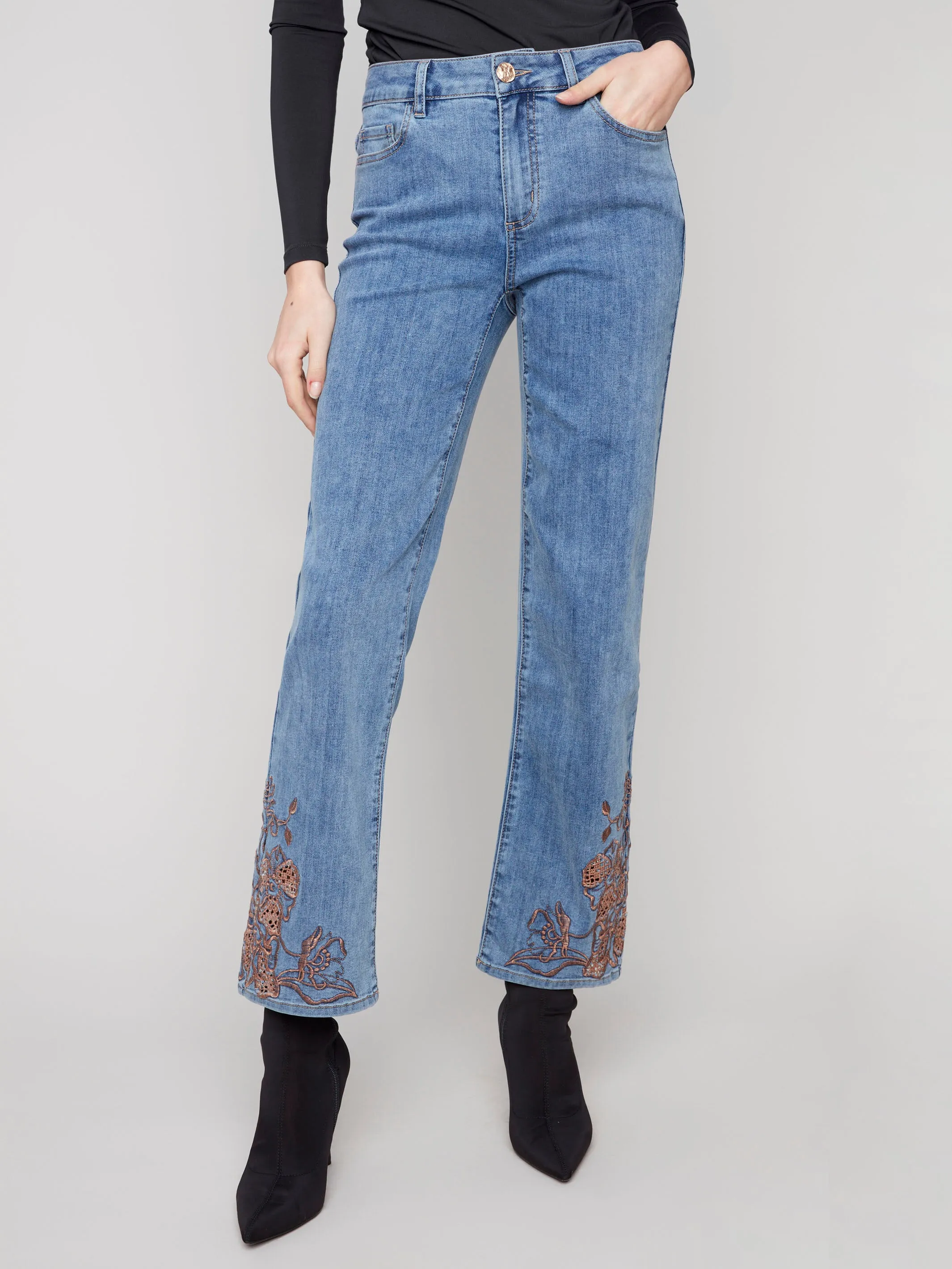 Straight Leg Jeans With Lace Embroidery - Medium Blue sold by Charlie B product image thumbnail 2