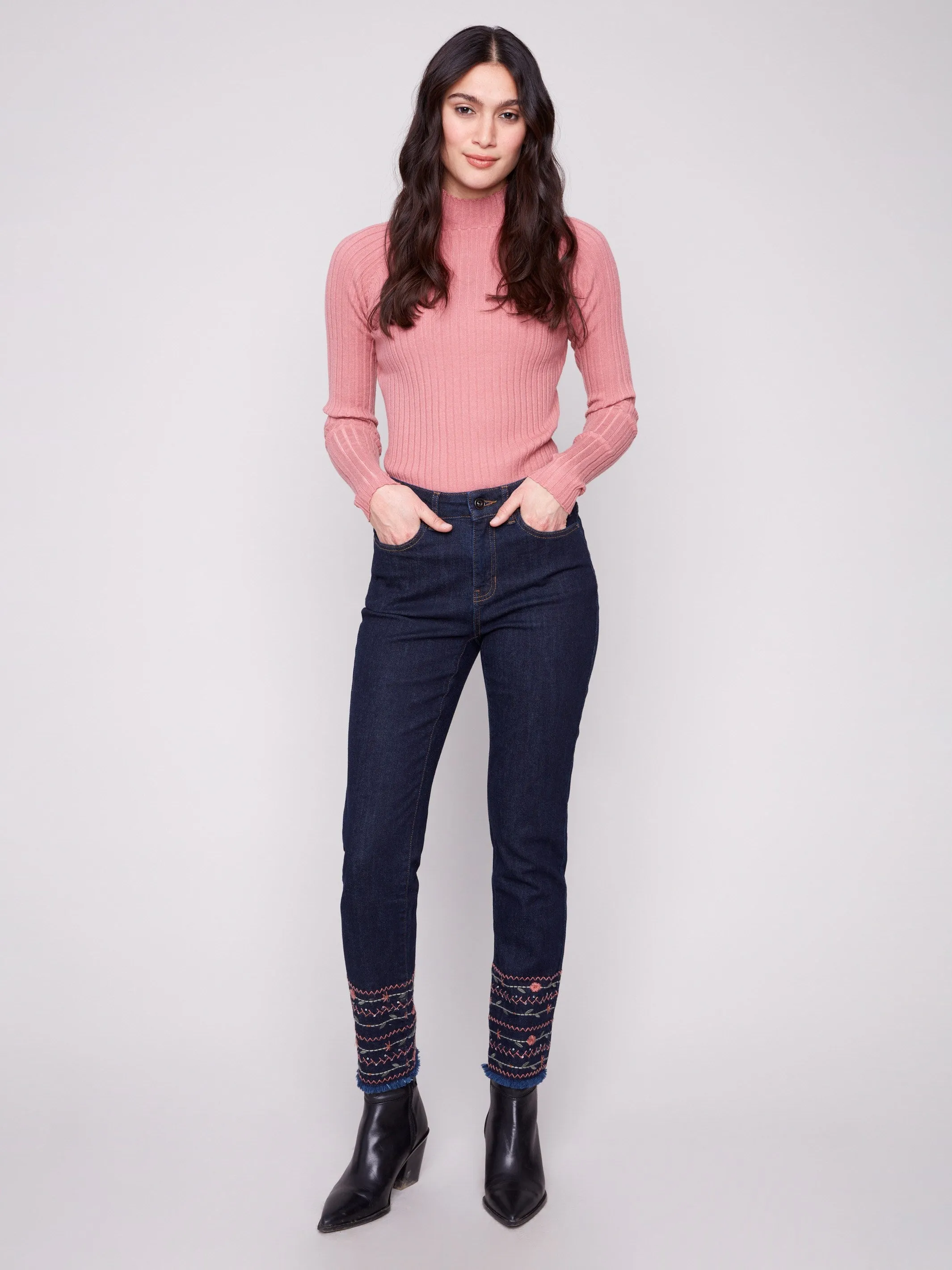 Embroidered Hem Jeans - Deep Blue sold by Charlie B