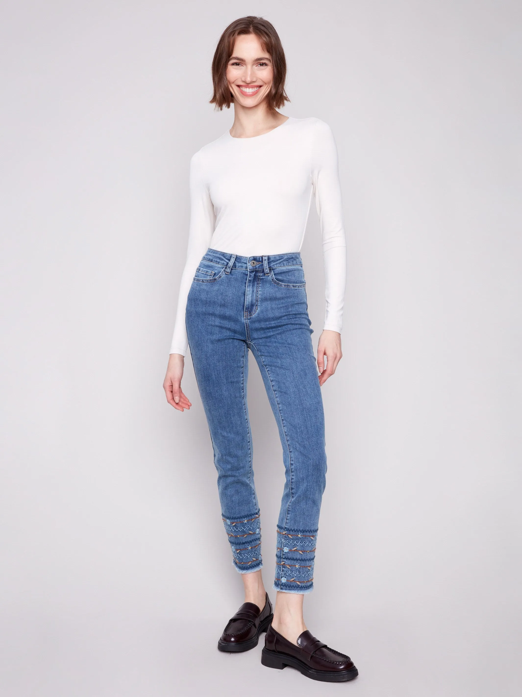 Embroidered Hem Jeans - Medium Blue sold by Charlie B