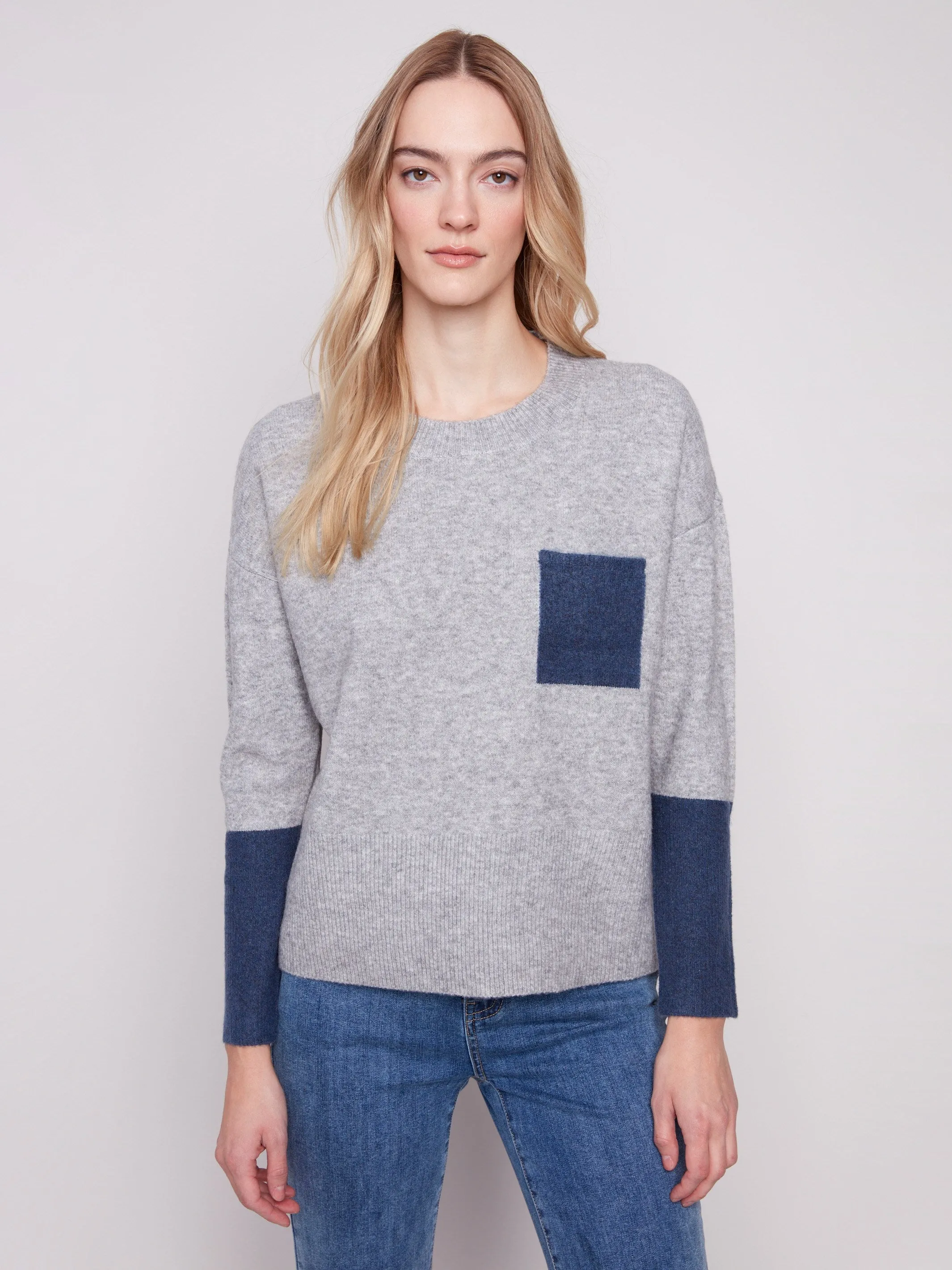 Crew Neck Sweater With Contrast Details - Heather Grey sold by Charlie B product image thumbnail 4