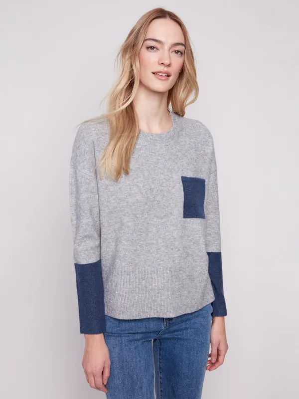 Crew Neck Sweater With Contrast Details - Heather Grey sold by Charlie B