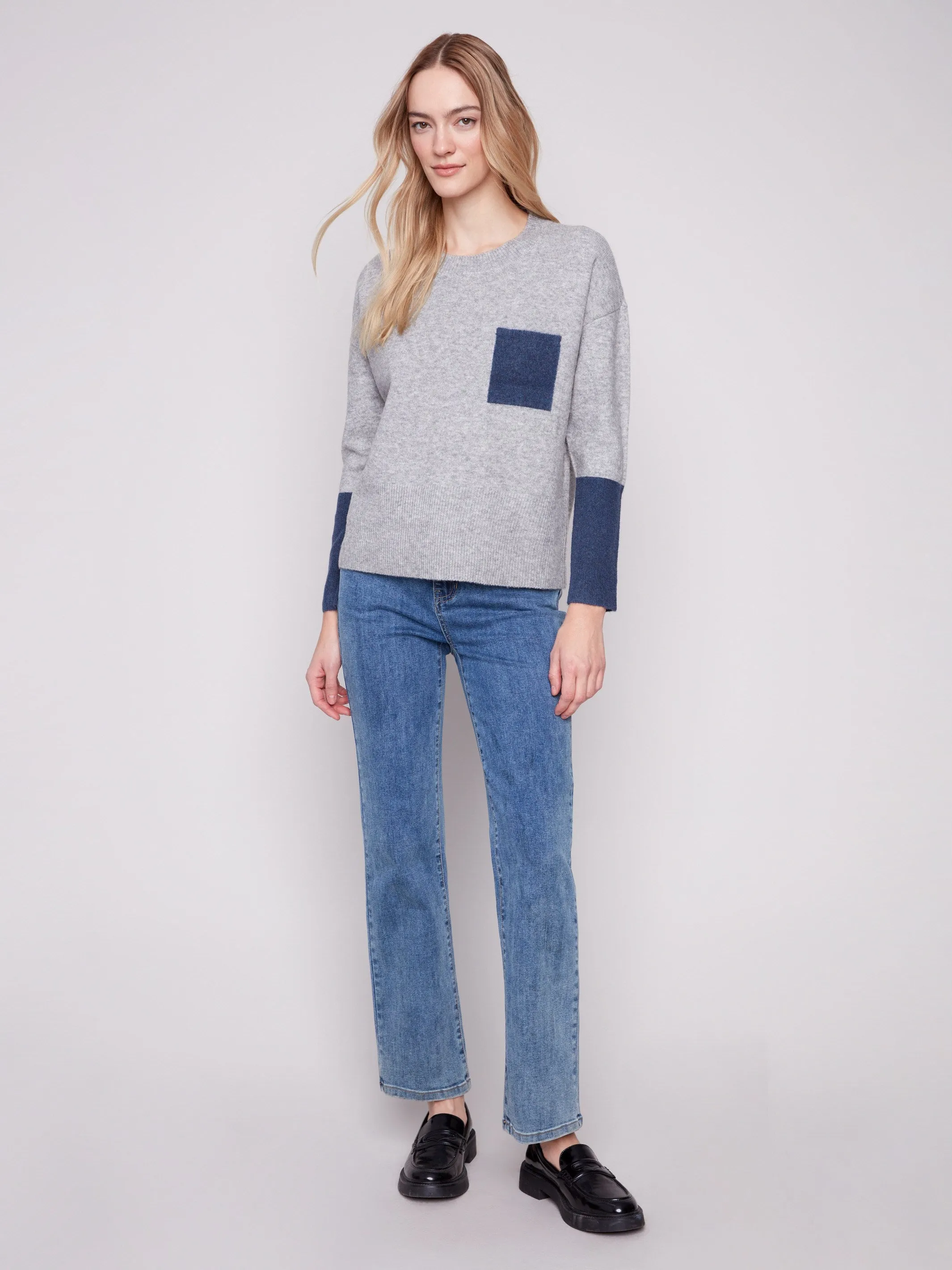 Crew Neck Sweater With Contrast Details - Heather Grey sold by Charlie B product image thumbnail 2