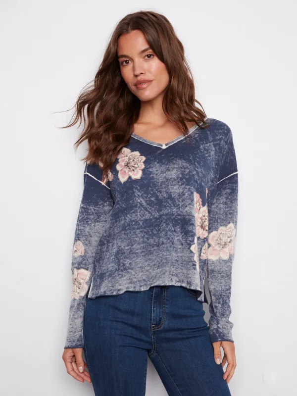 Reversible Floral V-Neck Sweater - Denim sold by Charlie B