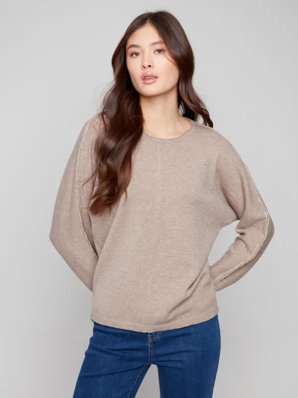 Sweater With Metallic Sleeve Detail - Heather Taupe sold by Charlie B