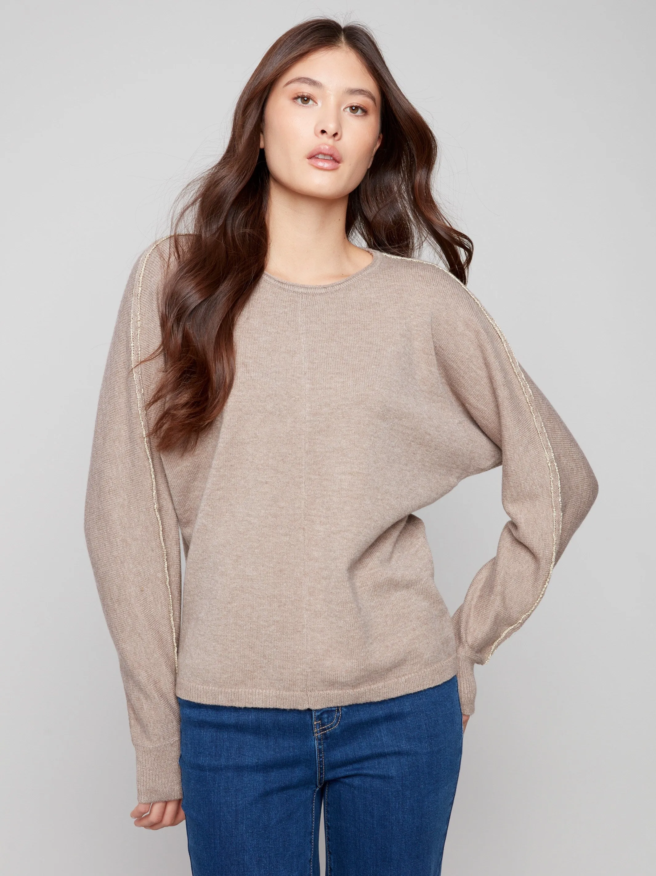 Sweater With Metallic Sleeve Detail - Heather Taupe sold by Charlie B product image thumbnail 3