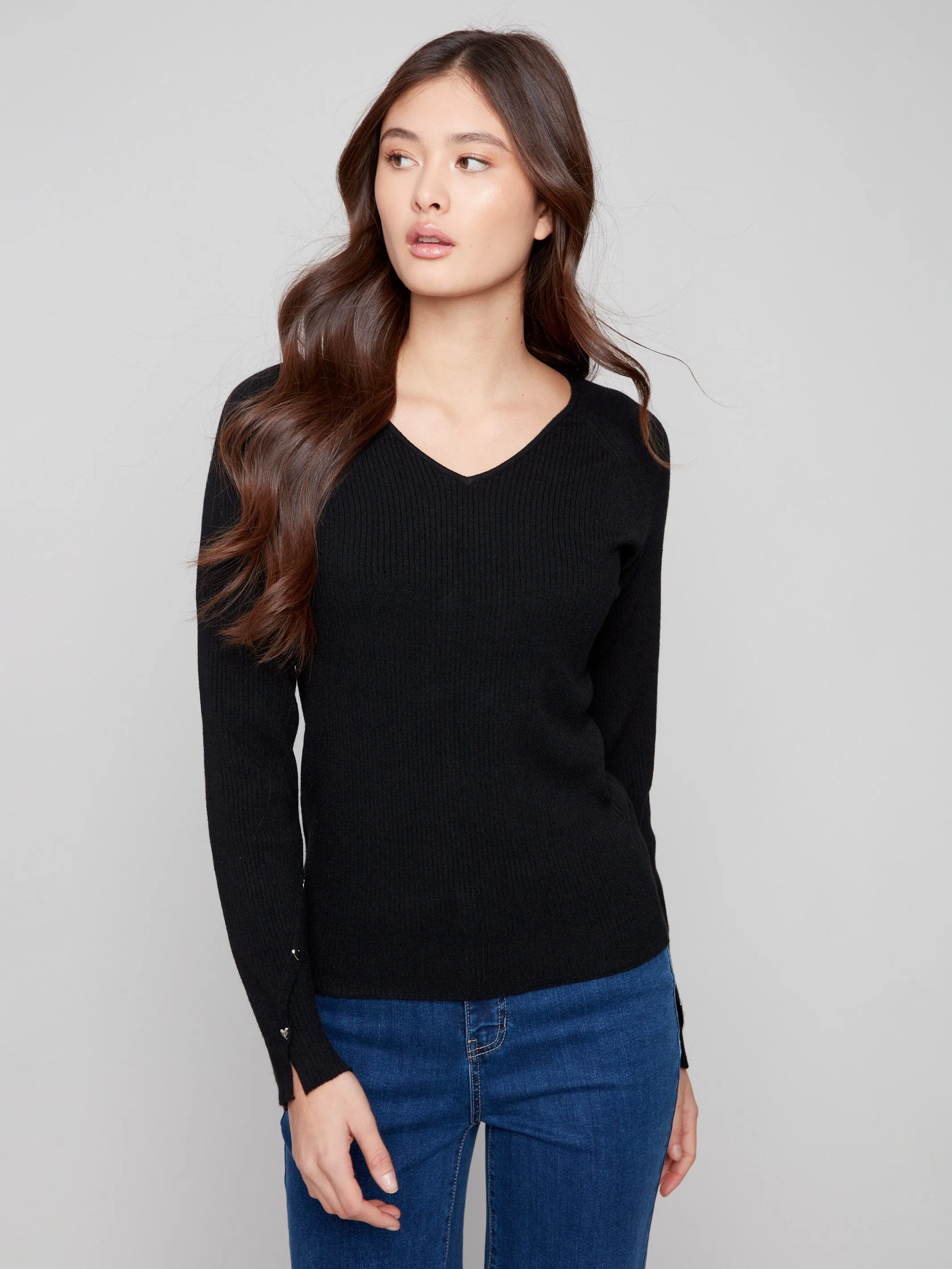 Ribbed V-Neck Sweater With Heart Rivets - Black sold by Charlie B product image thumbnail 3