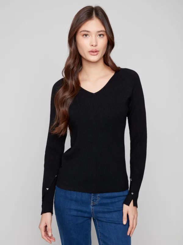 Ribbed V-Neck Sweater With Heart Rivets - Black sold by Charlie B