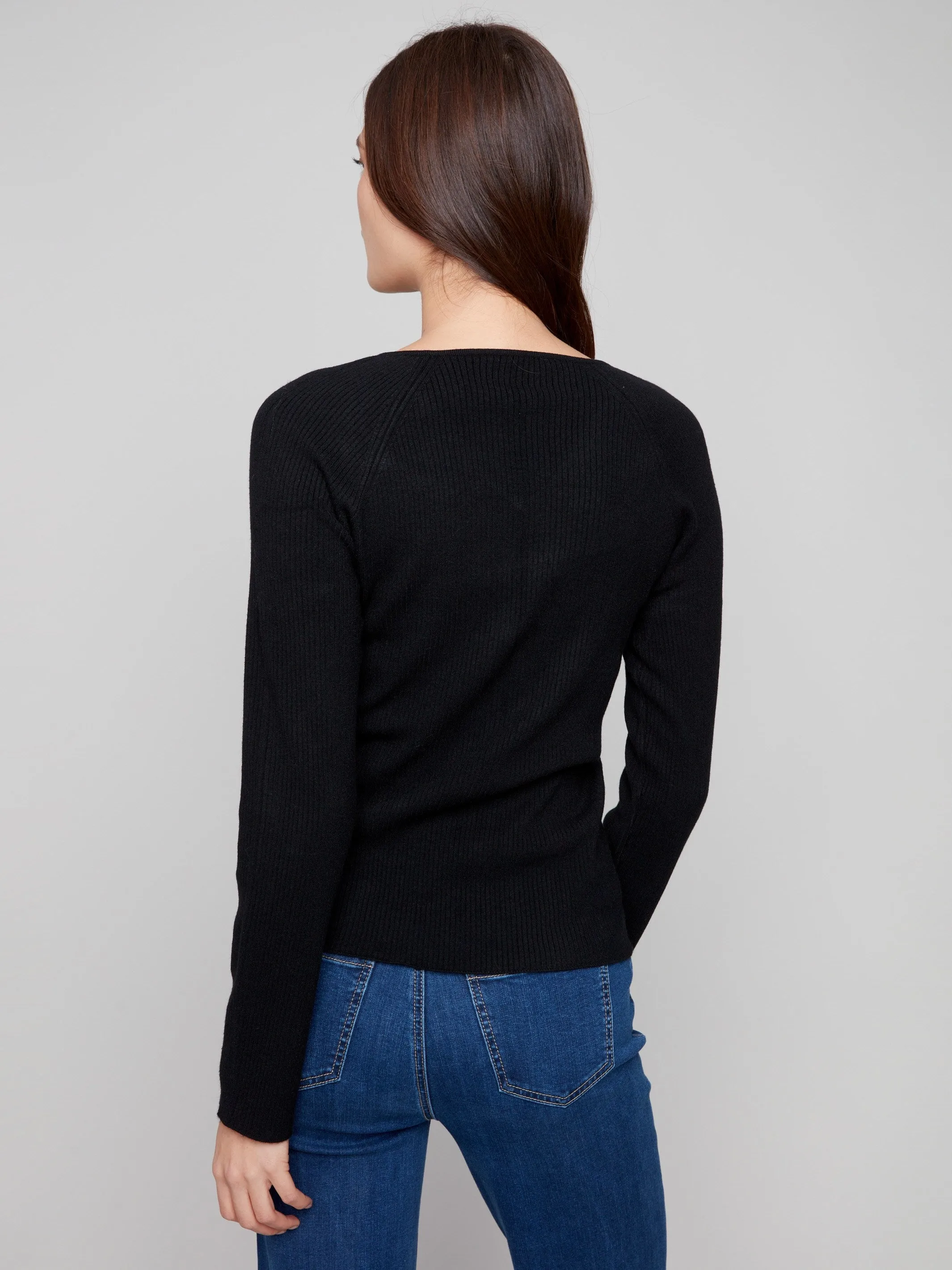 Ribbed V-Neck Sweater With Heart Rivets - Black sold by Charlie B product image thumbnail 5