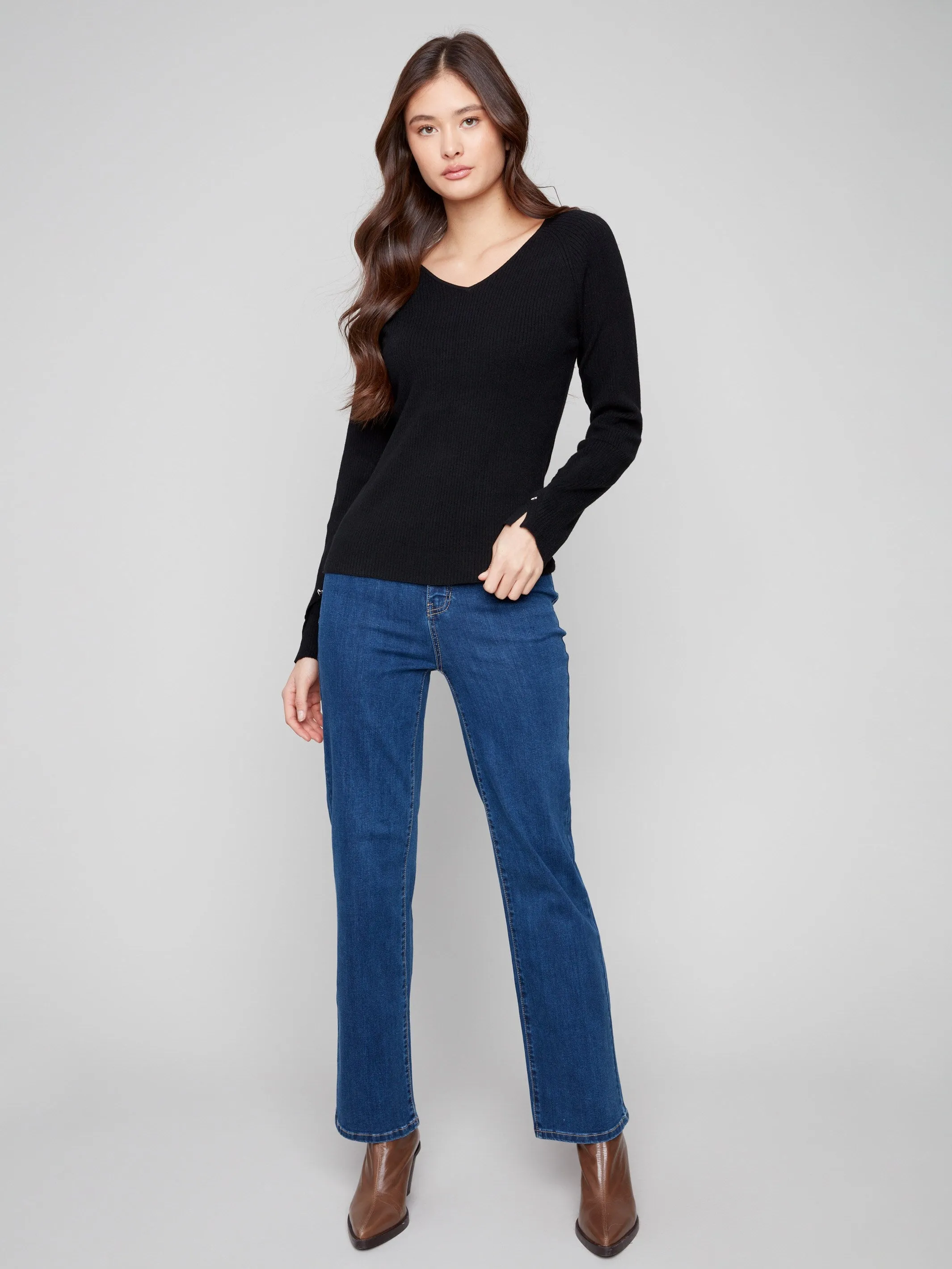 Ribbed V-Neck Sweater With Heart Rivets - Black sold by Charlie B product image thumbnail 2