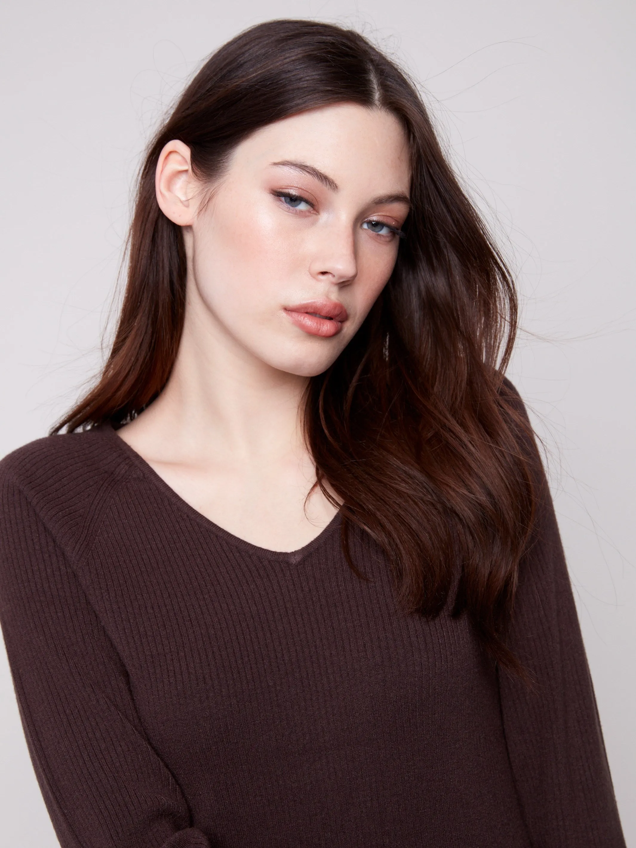 Ribbed V-Neck Sweater With Heart Rivets - Mocha sold by Charlie B product image thumbnail 3
