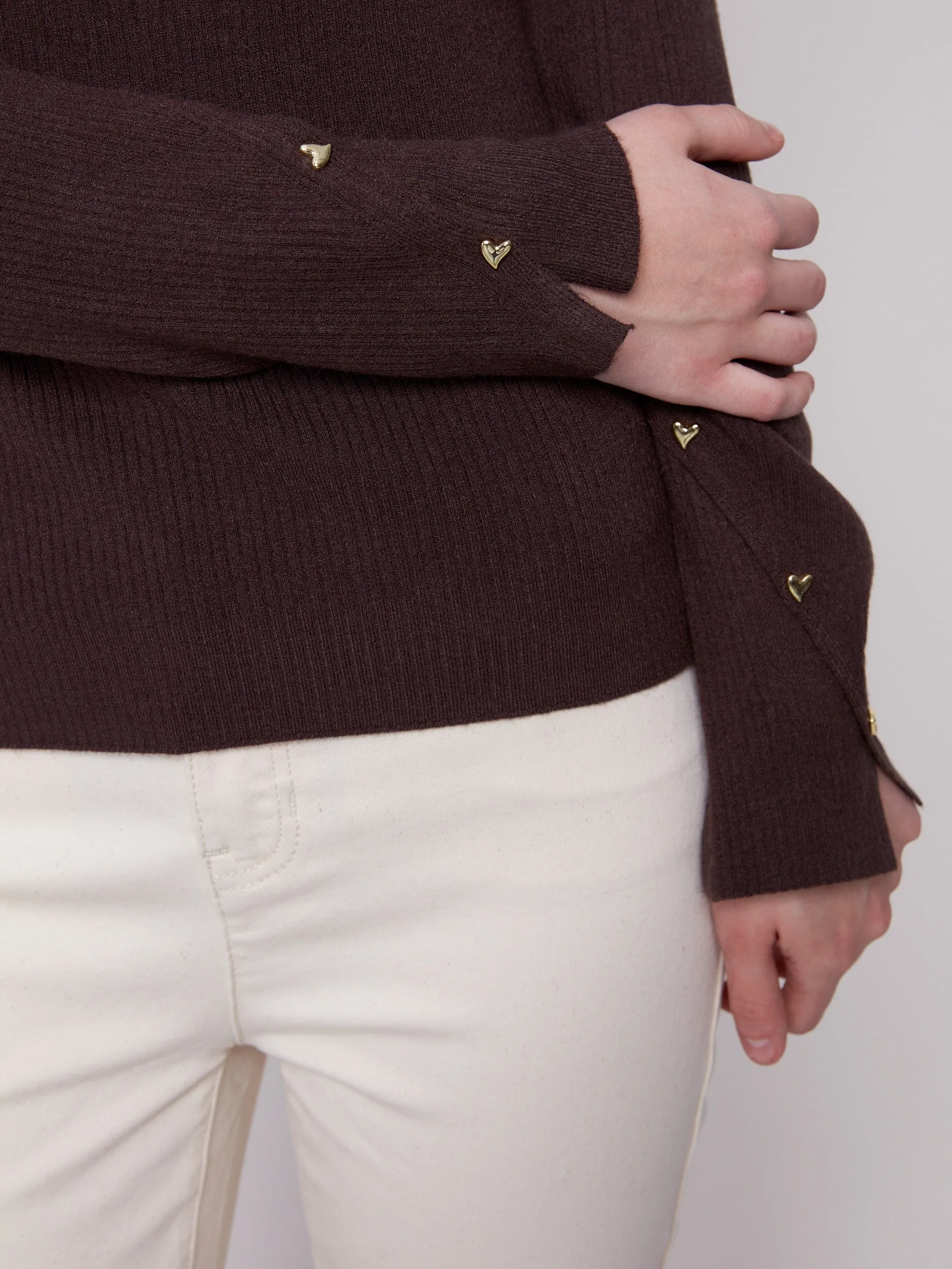 Ribbed V-Neck Sweater With Heart Rivets - Mocha sold by Charlie B product image thumbnail 4