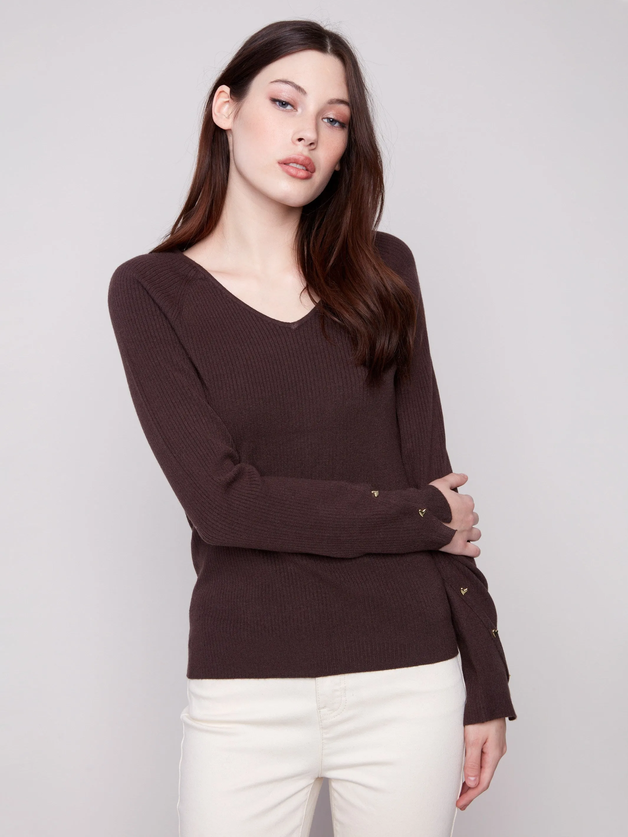 Ribbed V-Neck Sweater With Heart Rivets - Mocha sold by Charlie B